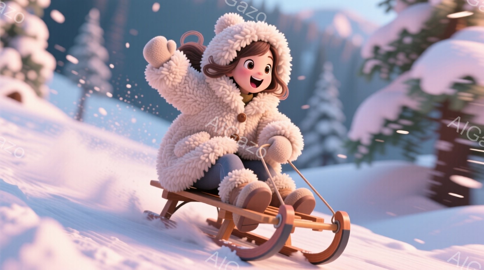 雪の上をそり滑りをする少女が描かれています。彼女はふわふわの白いコート、ポンポン付きの帽子、そしてブーツを履いており、楽しそうに両手を上げています。背景には雪に覆われた木々と穏やかな雪景色が広がり、温かく幸せな冬の雰囲気が漂っています。