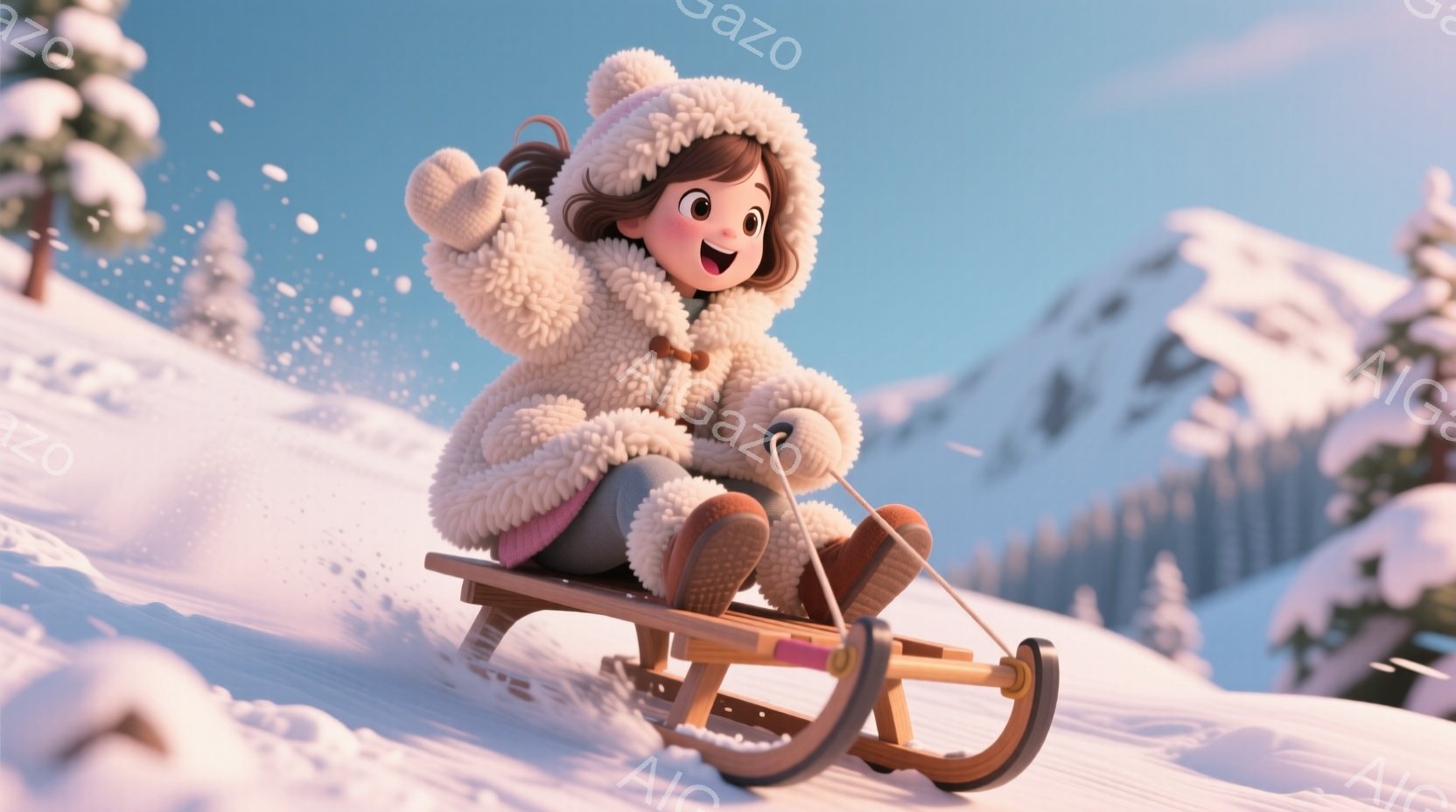雪景色の中、少女がソリに乗って急斜面を滑り降りています。彼女は白いふわふわのコート、ポンポン付きの帽子、そして茶色のブーツを身に着け、顔には喜びの表情が浮かんでいます。背景には雪に覆われた木々と山々が広がり、冬の暖かく楽しい雰囲気を醸し出しています。
