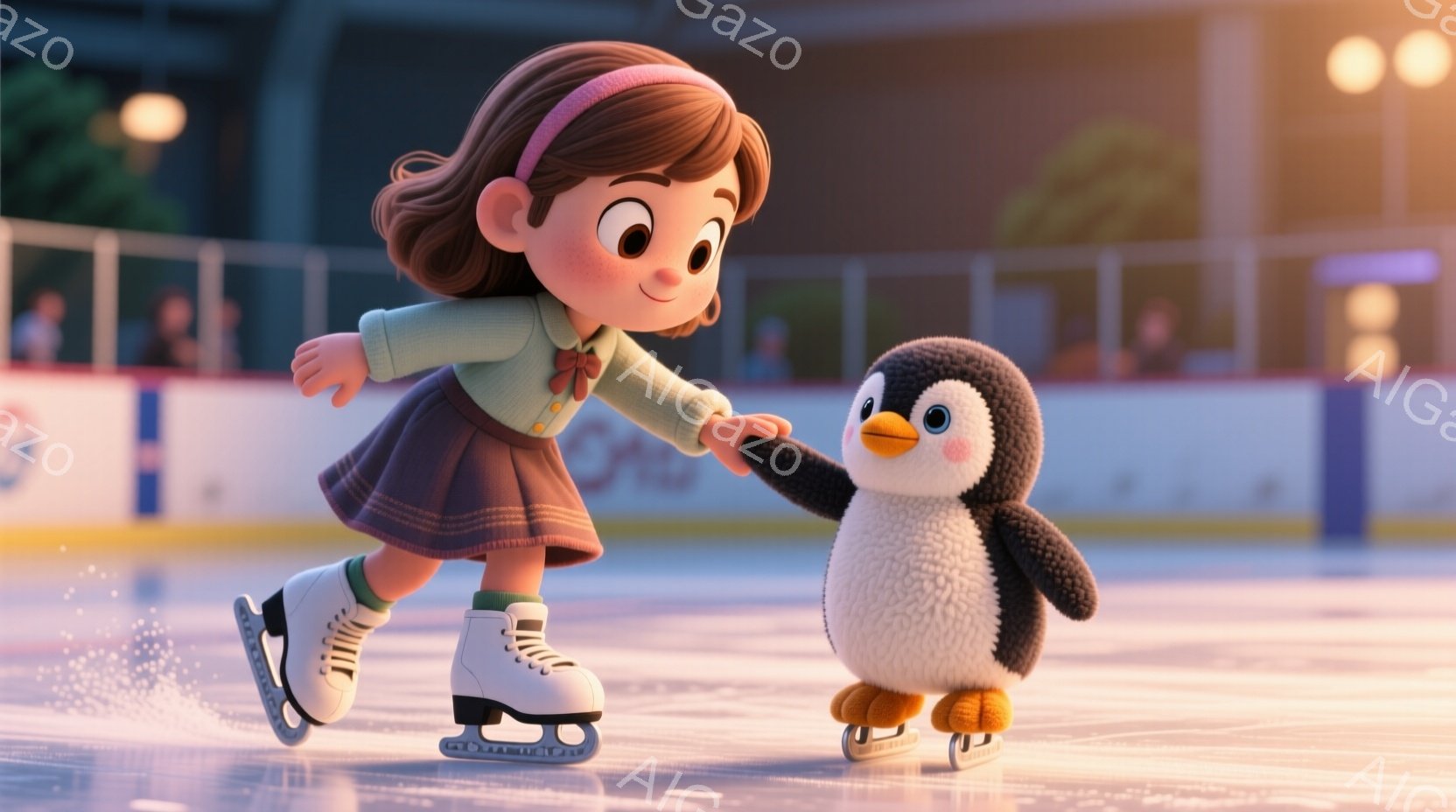 茶髪の少女がアイススケートリンクでスケートをしており、白いセーターと濃い紫色のスカート、それに白いスケート靴を履いています。彼女は少し前かがみになり、楽しそうに滑っています。リンクの背景には観客席が見え、暖色系の照明が柔らかい雰囲気を醸し出しています。