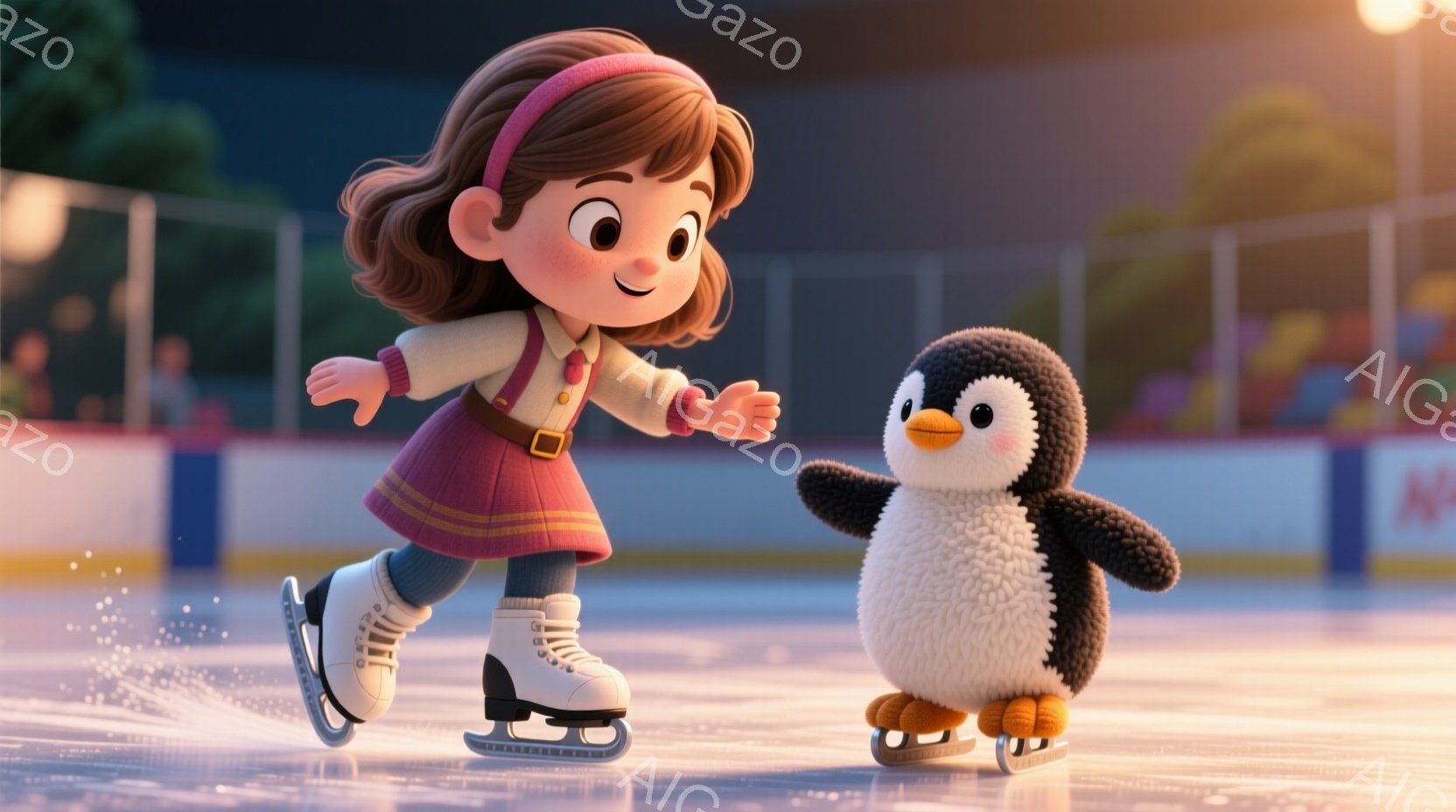 茶髪を少しカールさせた女の子が、アイススケートリンクで滑っている様子が描かれています。赤いスカートとクリーム色のカーディガンを着ており、楽しそうな表情をしています。背景には観客席が見え、リンク全体が明るく華やかな雰囲気です。