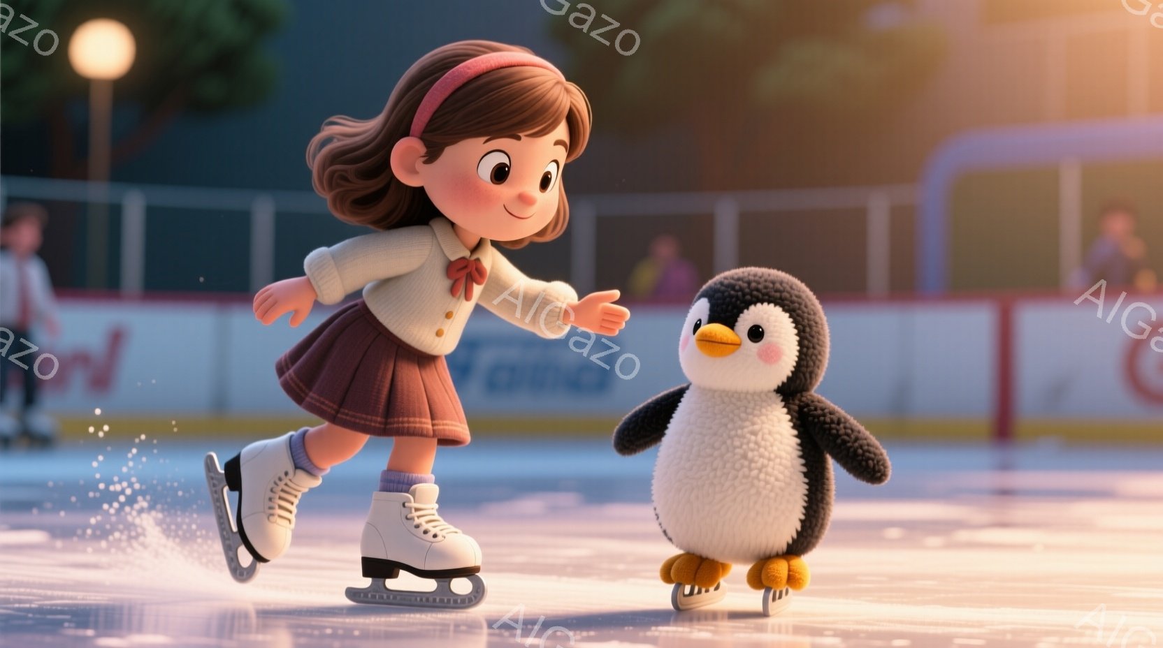 茶髪の少女がアイススケートリンクで華麗に滑っている様子が描かれています。赤い髪飾りと白いセーター、そしてプリーツスカートという服装で、楽しそうな表情をしています。背景には、ぼやけた観客席と建物が見え、リンク全体が夕暮れ時の柔らかな光に包まれています。