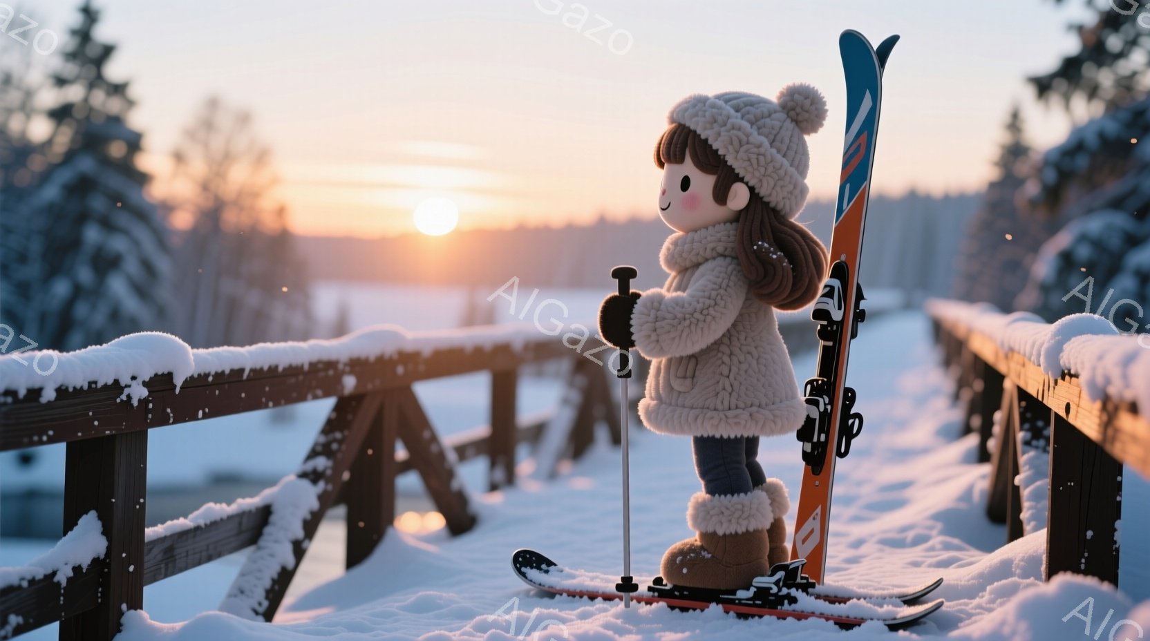 雪に覆われた風景の中に、スキー板とストックを持った少女が立っている。彼女は白いニット帽、ふわふわの白いコート、茶色のブーツを身に着けており、可愛らしい印象を与える。背景には雪景色が広がり、夕焼けのようなオレンジ色の光が差し込み、穏やかで幻想的な雰囲気を醸し出している。