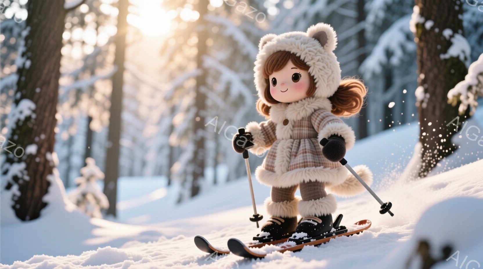 雪の上をスキーをする、可愛らしい女の子が描かれています。彼女は、ふわふわの耳付き帽子、チェック柄のコート、白いブーツという暖かい冬の服装で、ほほえみを浮かべています。背景には雪に覆われた木々が広がり、 - AI生成フリー素材