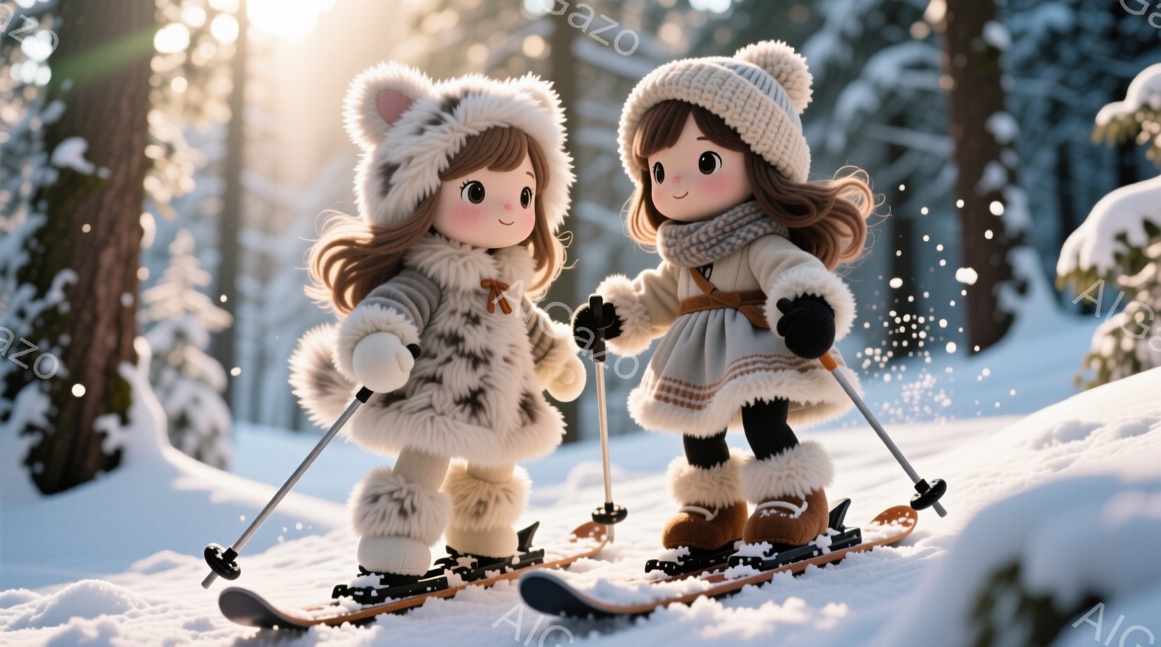 ふわふわの毛皮のフードがついた冬の衣装を着た2人の女の子が雪の上をスキーで滑っています。彼女たちは茶色の巻き毛の髪をしており、可愛らしい表情で、スキーを楽しむ様子が伺えます。背景には雪に覆われた木々があり、雪が舞う冬の日の穏やかな雰囲気を醸し出しています。