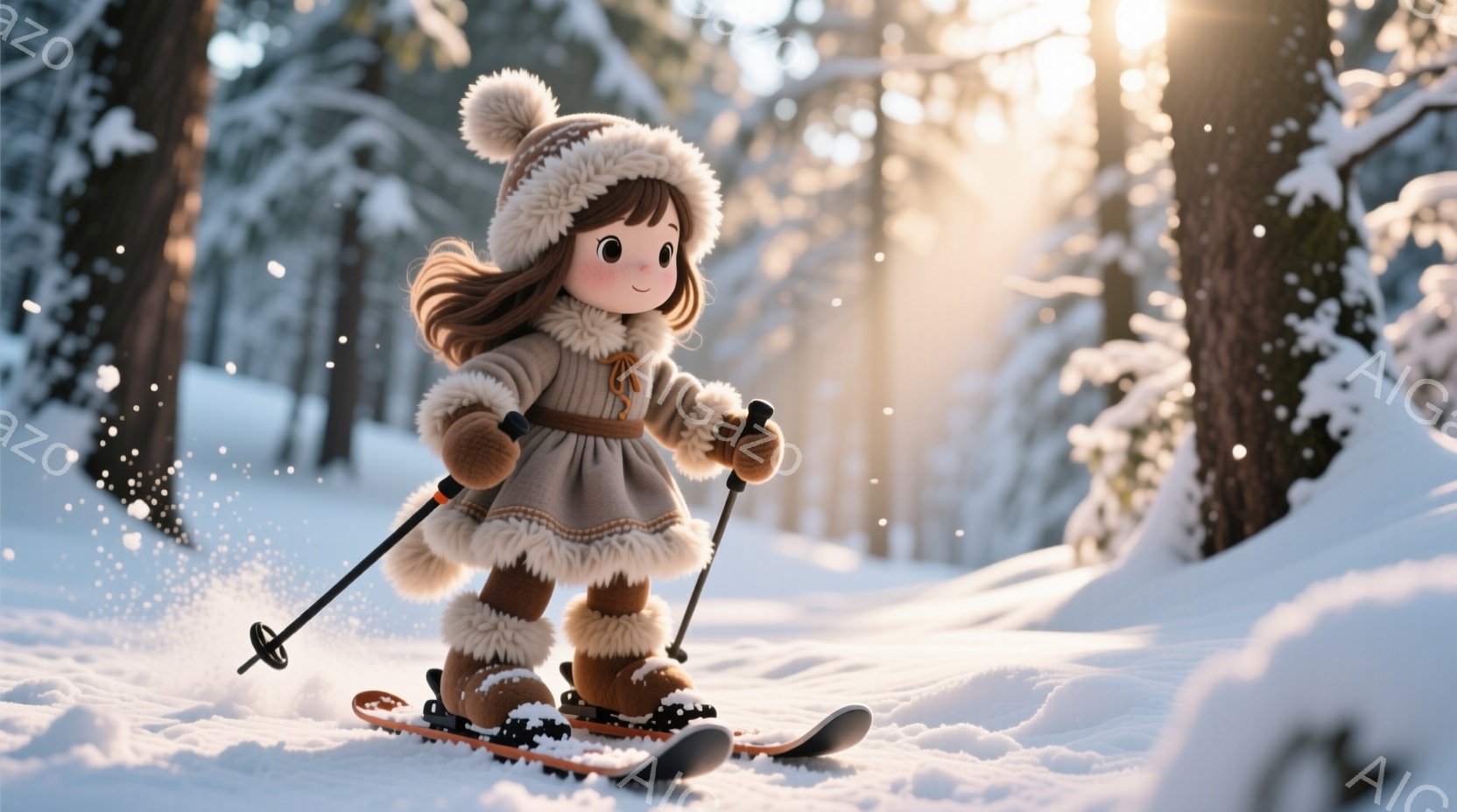 茶色の髪をふんわりとカールさせた少女がスキーを楽しんでいる。暖かいクリーム色のスキーウェアに、毛皮の縁取りが施されたフード付きの帽子をかぶり、頬はほんのり赤らんでいる。背景には雪に覆われた木々が立ち並び、光が差し込み、冬の静かで穏やかな雰囲気を醸し出している。