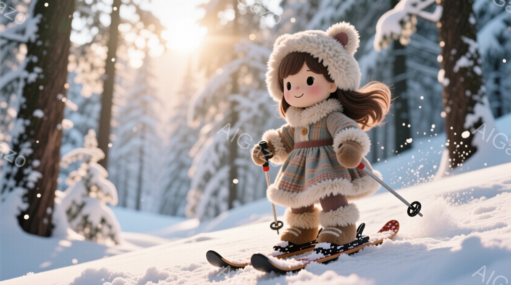 雪景色の中、スキーをする少女が描かれています。彼女は毛皮の縁取りがついたパーカーとチェック柄のドレス、そしてふわふわのブーツを着用し、頭には可愛らしいクマの帽子をかぶっています。背景には雪をまとった木々が立ち並び、太陽の光が雪面を照らし、暖かく幻想的な雰囲気を醸し出しています。