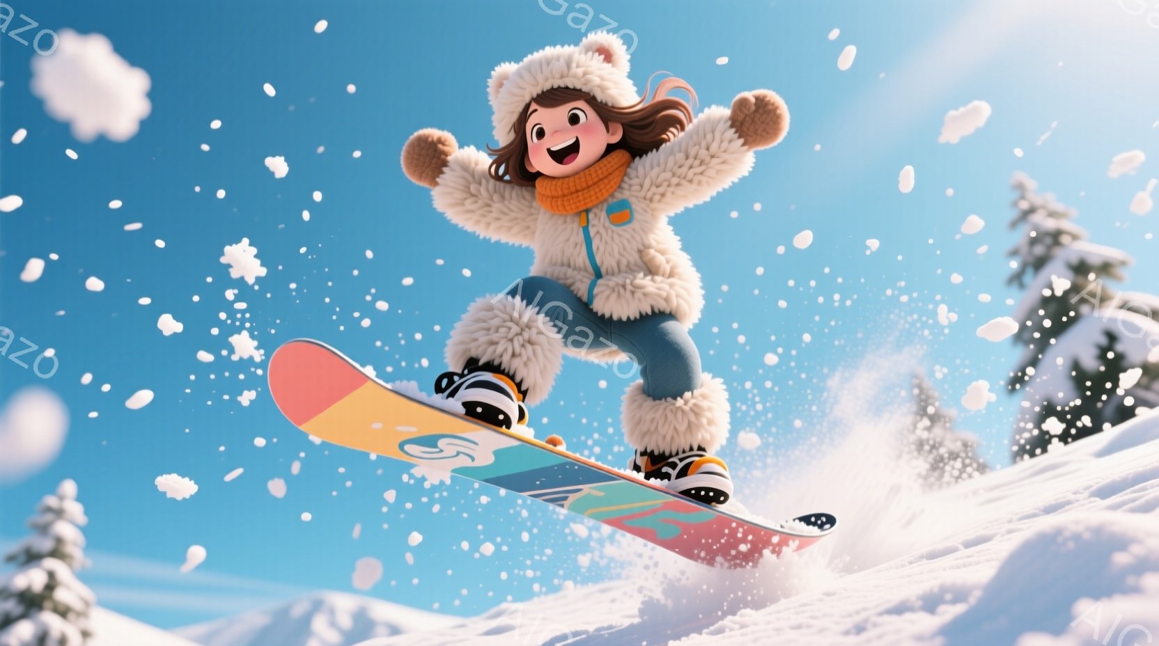 雪山をスノーボードで楽しむ少女が描かれています。彼女はふわふわの白いコート、オレンジ色のマフラー、毛むくじゃらのブーツを身につけ、茶色の巻き毛をしています。背景には雪に覆われた木々と青空が広がり、雪が - AI生成フリー素材
