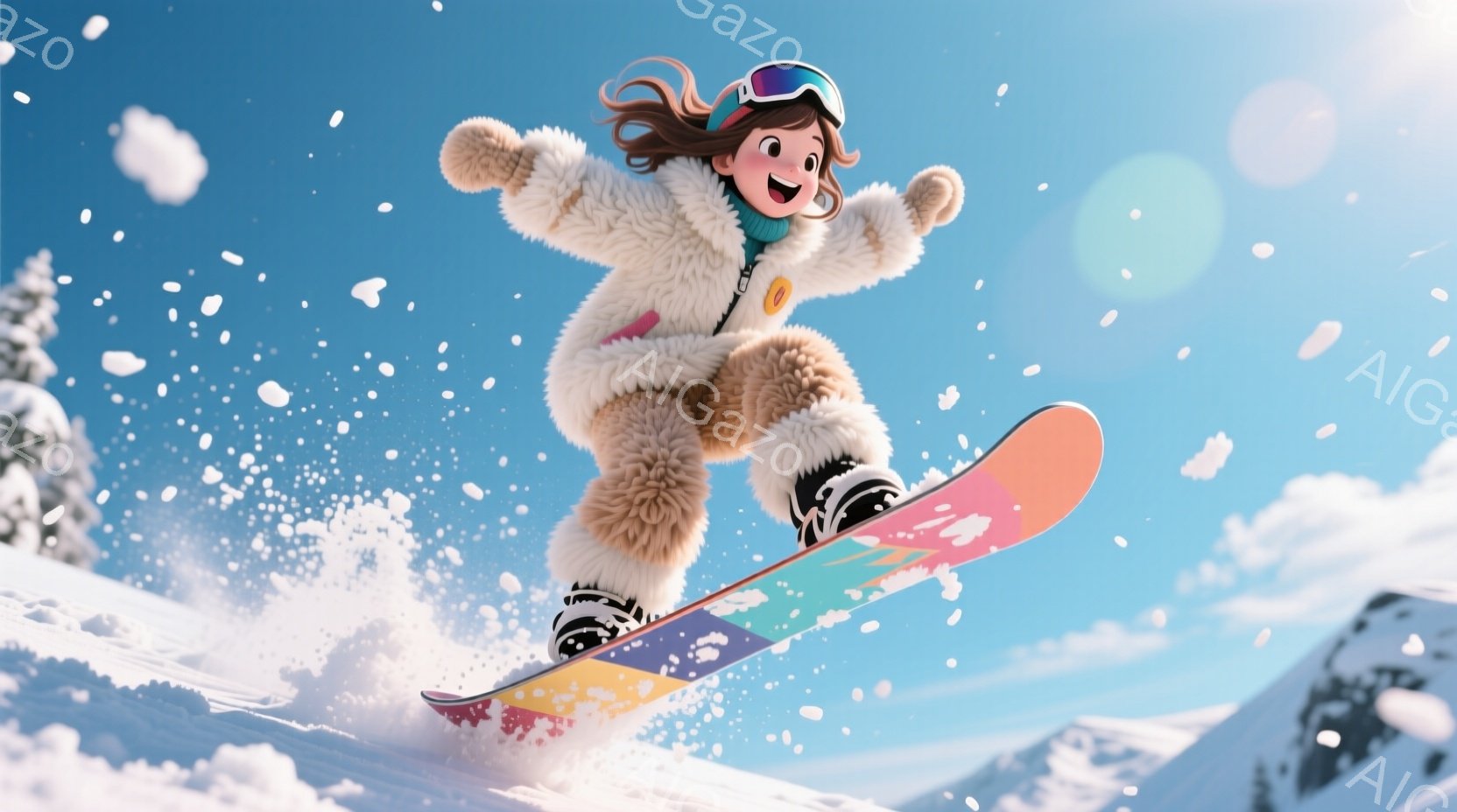 スノーボードに乗った若い女性が写っています。彼女はふわふわの白いセーターと黒いズボンを着用し、頭にはバイオレットのゴーグルと茶色の髪をしています。背景には雪山と青空が広がり、雪が舞っている様子から、冬の活気ある雰囲気が伝わってきます。