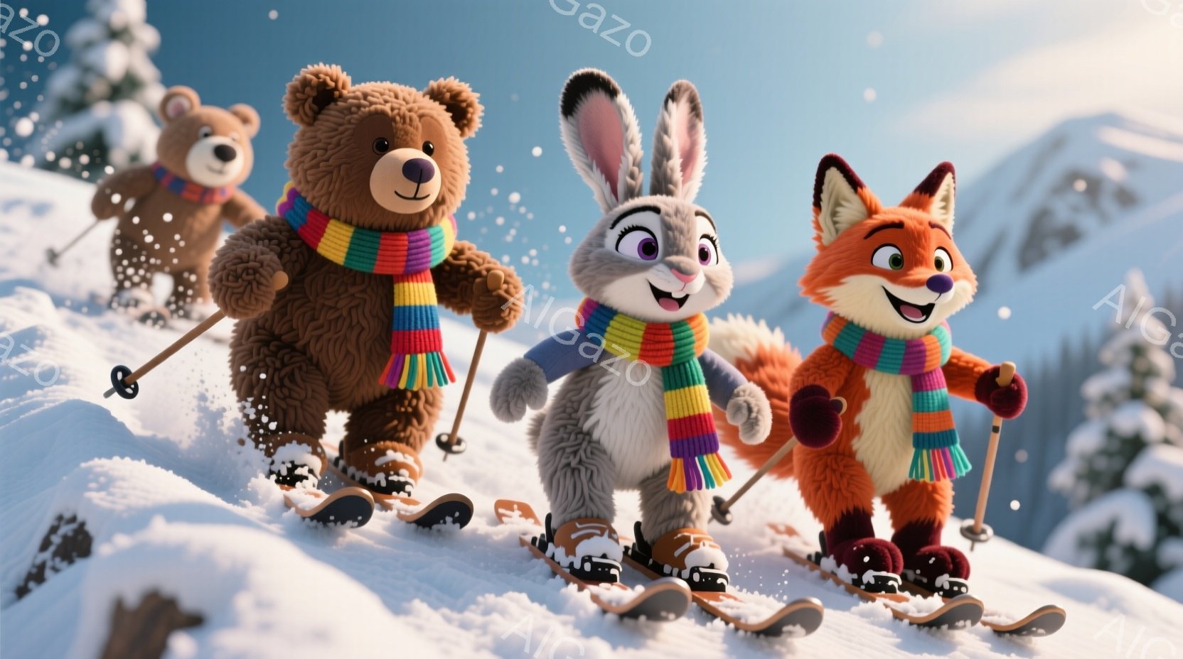 雪山をスキーで滑っているクマ、ウサギ、キツネのイラストです。彼らは皆、カラフルなストールを首に巻き、スキー板を履いて楽しそうに滑っています。背景には雪を頂いた山々が広がり、雪が舞う冬の日の楽しい雰囲気を伝えています。