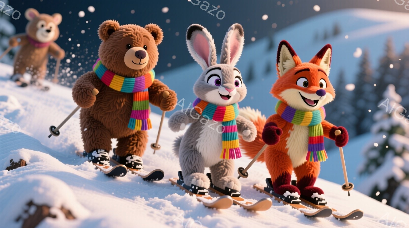 雪景色の中、クマ、ウサギ、キツネがスキーを楽しんでいる様子が描かれています。彼らは皆、カラフルなストライプのニットのネックウォーマーを着用し、スキー板に乗り、元気いっぱいの表情を浮かべています。背景には雪に覆われた山々と針葉樹林が広がり、冬の活気あふれる雰囲気を醸し出しています。