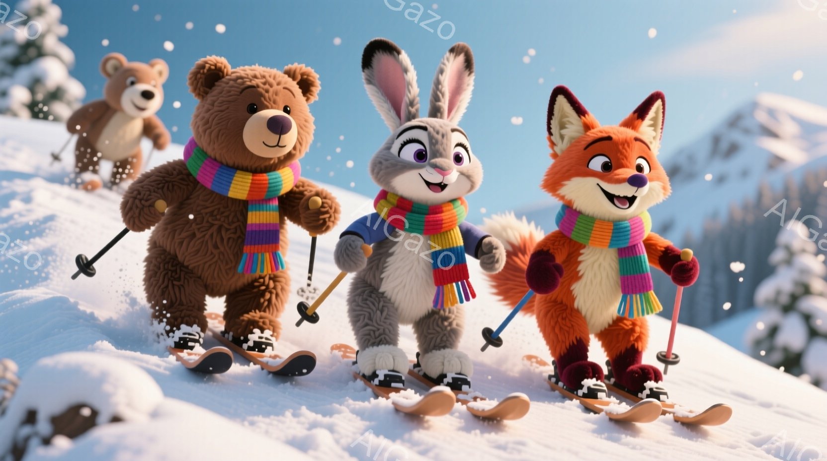 雪山をスキーで滑っているクマ、ウサギ、キツネのイラストです。それぞれカラフルなマフラーを巻き、スキー板を履いて楽しそうに滑っています。背景には雪に覆われた山々と、穏やかな冬の空が広がり、明るく陽気な雰囲気を醸し出しています。