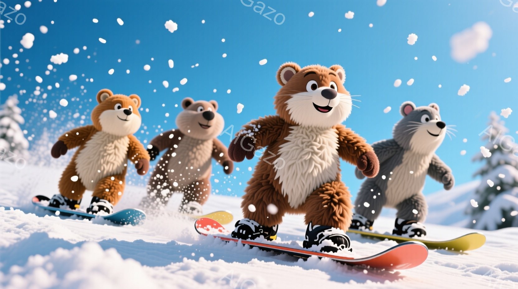 雪山をスノーボードで滑る4匹の愛らしいクマのイラストです。クマたちはそれぞれ茶色、明るい茶色、暗い茶色、灰色の毛並みで、スキーウェアとブーツを着用し、楽しそうな表情をしています。背景には雪に覆われた山々と、遠くに見える木々があり、晴天で雪が舞う冬の日の穏やかな雰囲気が漂っています。