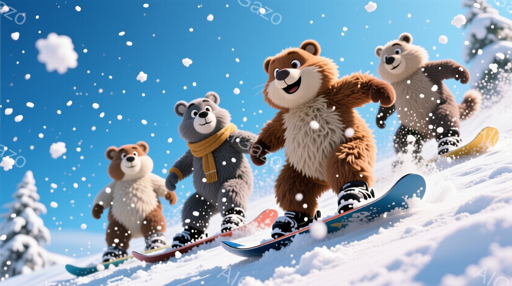 雪山をスキーで滑っている3匹のクマが描かれています。クマたちはそれぞれオレンジとグレーのニット帽をかぶり、オレンジ色のスカーフを巻いており、楽しそうな表情をしています。背景には雪に覆われた山々と松の木 - AI生成フリー素材