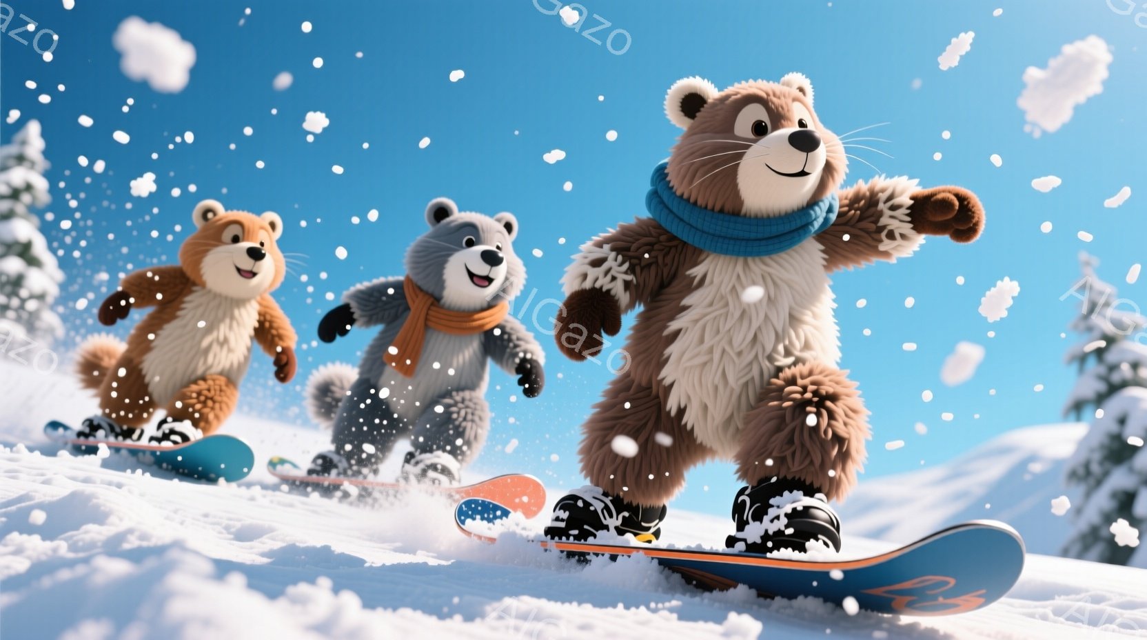 ３匹のクマがスノーボードで雪山を滑走している様子が描かれています。クマたちはそれぞれオレンジ、ターコイズ、そして濃い青色のマフラーを巻き、スノーボードの上で前かがみになり、楽しそうに滑っています。背景 - AI生成フリー素材