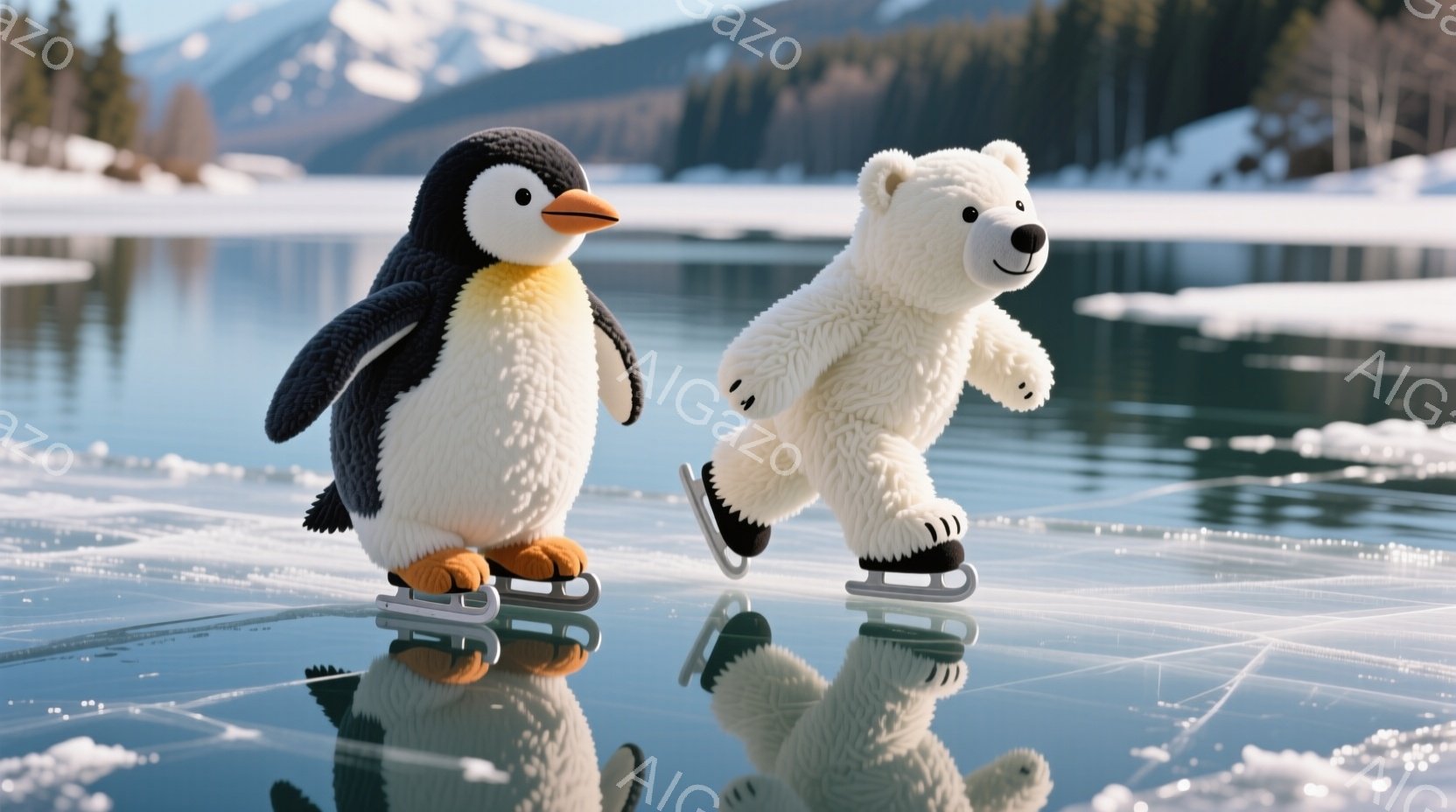 ペンギンとシロクマが氷上をスケートしている様子が描かれています。どちらもかわいらしい表情で、ペンギンは黒と白のクラシックな模様、シロクマはふわふわの白い毛並みをしています。背景には雪山がそびえ立ち、氷面には反射が映り込み、冬の静かで楽しい雰囲気が漂っています。