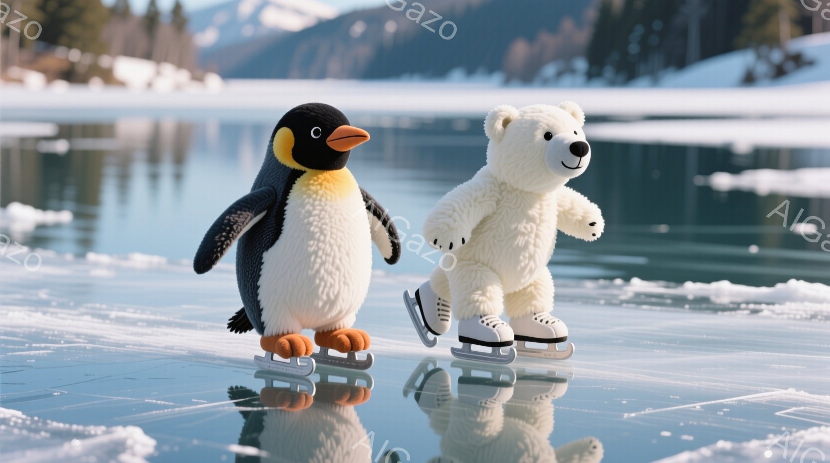 ペンギンと白熊がスケートリンクでスケートを楽しんでいます。ペンギンは黒い背中にオレンジ色の足で、白熊はふわふわの白い毛並みで、それぞれスケート靴を履いています。背景には雪景色が広がり、遠くには山々が見え、冬の冷たい空気を感じさせる静かな雰囲気です。