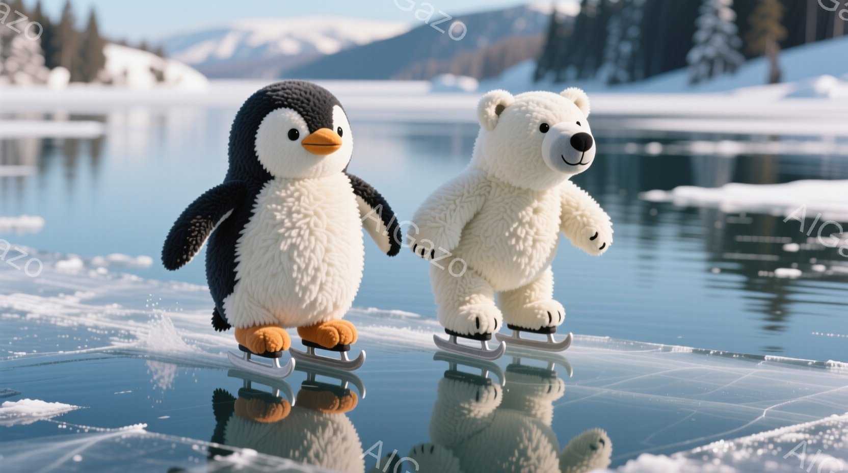 鮮やかな青い氷のスケートリンクの上を、ペンギンと白くまがアイススケートを楽しんでいます。ペンギンは黒い背中に白いお腹、白くまはふわふわの白い毛並みで、どちらもスケート靴を履いており、楽しそうな表情をしています。背景には雪を頂いた山々が広がり、冬の寒く美しい風景が広がっています。
