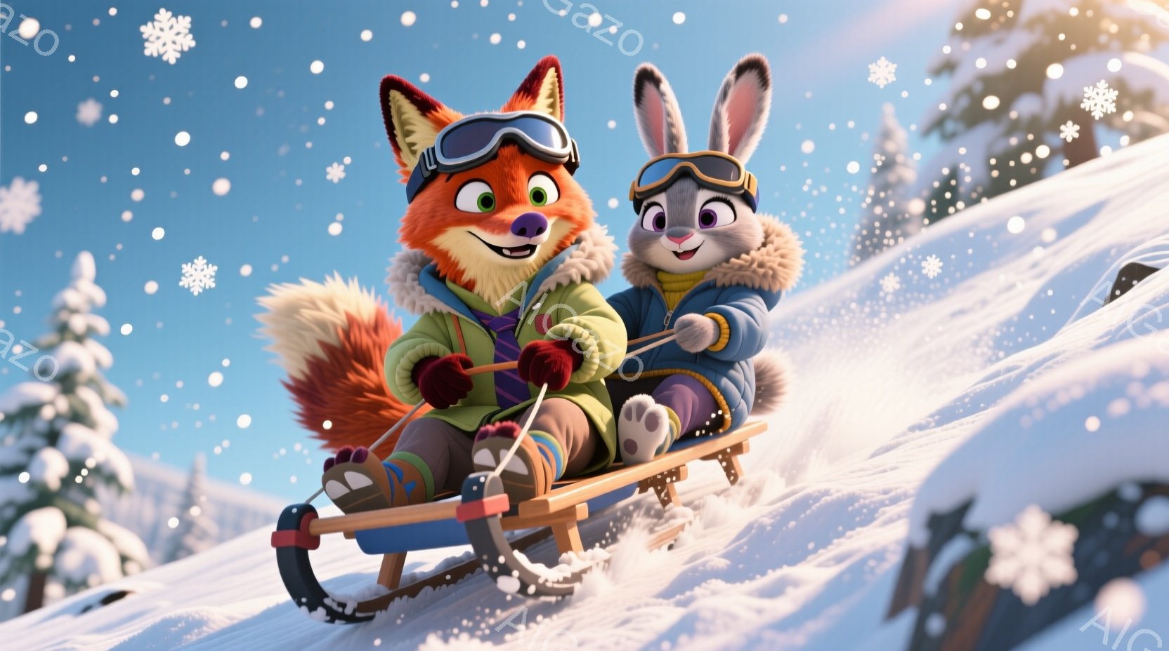 キツネとウサギが雪橇に乗って急な坂を滑り降りている様子が描かれています。キツネはオレンジ色のジャケットに緑色のズボン、ウサギは濃い青色のジャケットを着ており、どちらもゴーグルをかけて楽しそうな表情をしています。背景には雪をまとった山々と松の木が見え、雪が舞い散る冬の風景が広がっています。