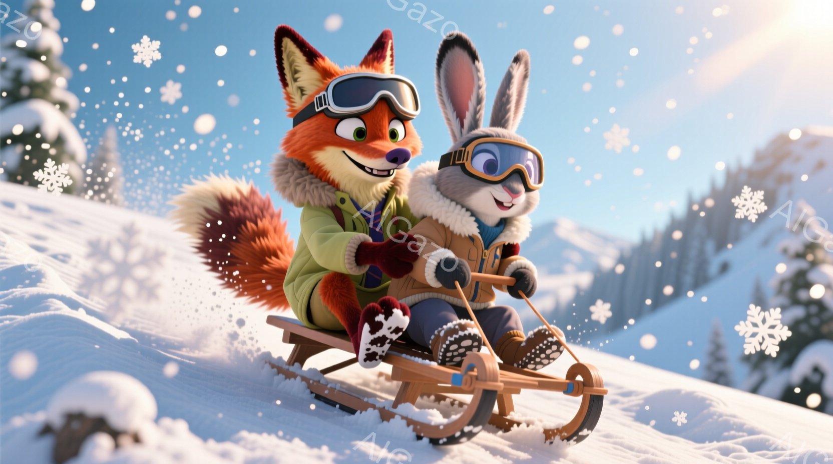 明るい雪景色の中で、キツネとウサギがそりに乗って急降下している様子が描かれている。キツネは緑色のジャケットにオレンジ色のブーツ、ウサギは青いジャケットに黒いブーツを履き、共にゴーグルをかけて楽しそうな表情を浮かべている。背景には雪に覆われた山々と建物が見え、雪が舞い散る冬の雰囲気が伝わってくる。