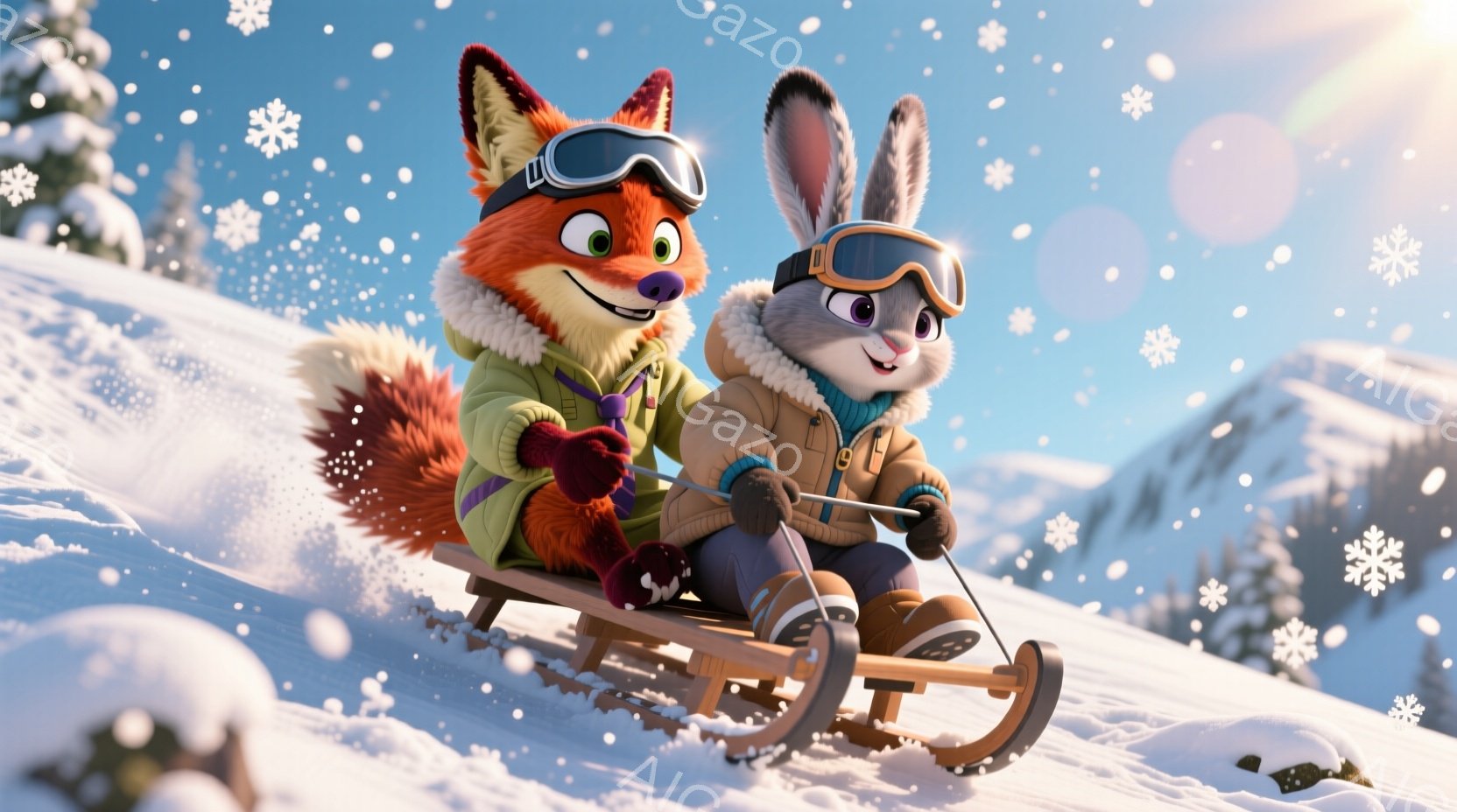 鮮やかな雪景色の中、キツネとウサギがソリに乗って急降下している様子が描かれている。キツネは緑色のジャケットとゴーグルを着用し、楽しそうな笑顔を浮かべている。ウサギは茶色のジャケットとゴーグルを着用し、やや緊張した表情で前を見つめている。