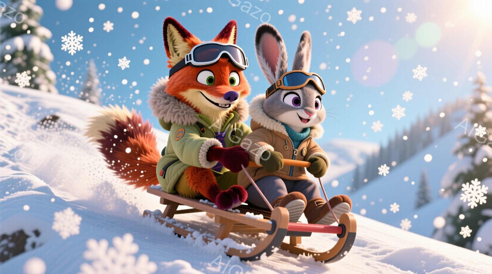 キツネとウサギが雪橇に乗って雪山を滑り降りています。二匹ともウィンタースポーツウェアを着ており、ゴーグルをかけて楽しそうに笑っています。背景には雪に覆われた山々と木々が広がり、雪が舞う冬の景色が広がっています。