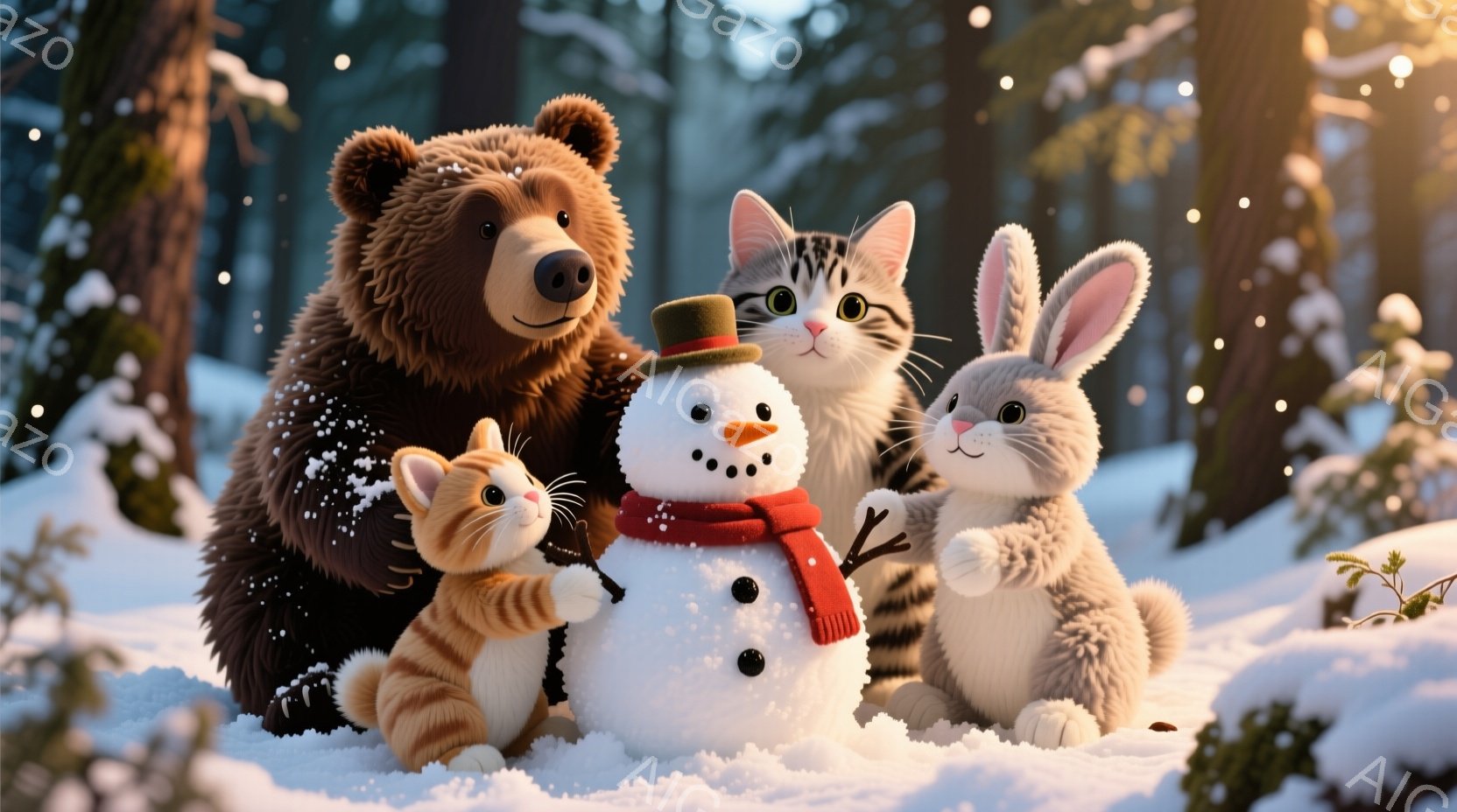 雪景色の中で、クマ、猫2匹、ウサギが雪だるまと一緒に写っています。クマは背景に寄り添い、猫たちは雪だるまの周りに集まり、ウサギは少し離れて立っています。雪が舞い、周囲は木々に囲まれ、暖かく平和な冬の雰囲気が漂っています。