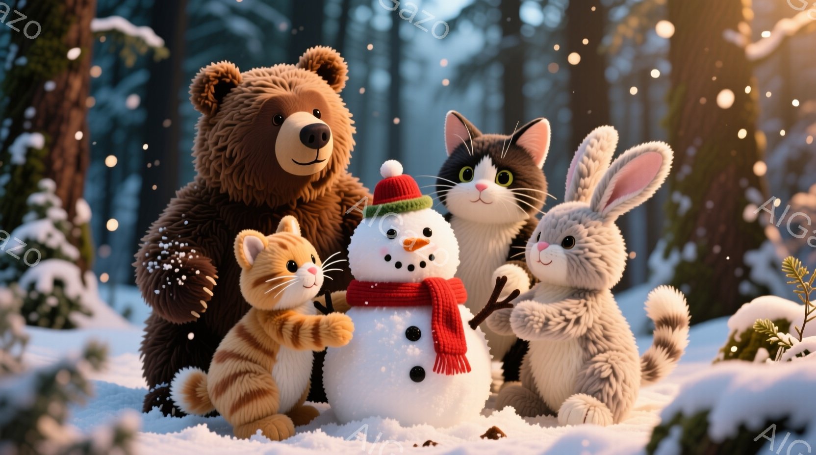 雪景色の中に、クマ、猫、ウサギと雪だるまが並んでいます。クマは後方で大きく立ち、猫とウサギは雪だるまの両側に寄り添い、暖かいマフラーを巻いています。背景には雪で覆われた木々が立ち並び、全体的に暖かく、冬の幸せな雰囲気が漂っています。