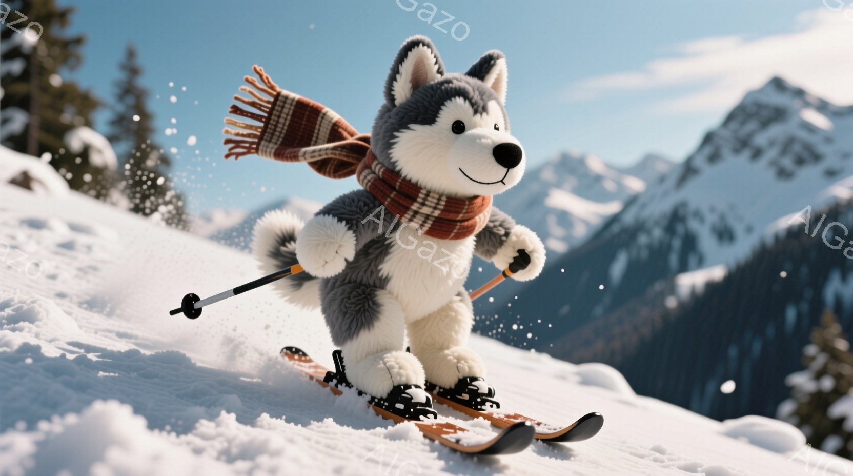 ふわふわのハスキー犬がスキーをして雪上を滑走している様子が描かれています。赤い縞模様のマフラーを首に巻き、片手にスキーポールを持ち、楽しそうに滑っています。背景には雪を頂いた山々と松の木が見え、晴天の - AI生成フリー素材