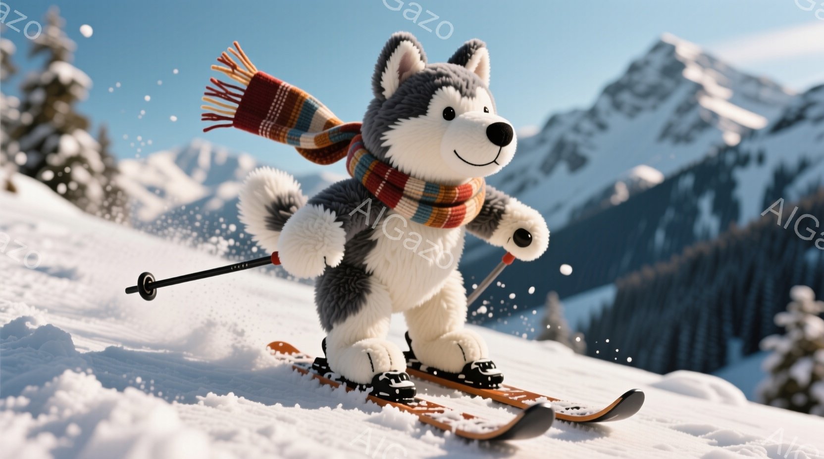 雪山をスキーで滑るシベリアンハスキーのぬいぐるみです。鮮やかなオレンジと紺色のストライプのマフラーを巻いており、躍動感のある姿勢でスキーを楽しんでいます。背景には雪を抱いた山々が広がり、晴天で雪が舞う冬の景色が広がっています。