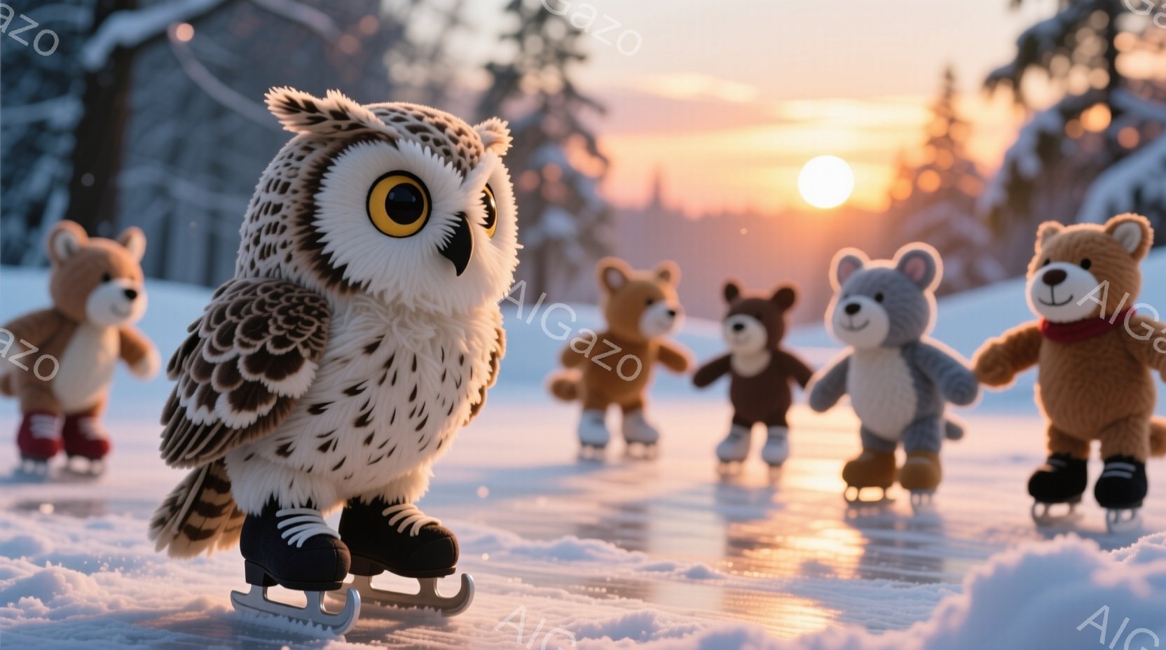 白い雪原を、フクロウと複数のテディベアたちがスケートで楽しんでいる様子が描かれています。フクロウは黒いスケート靴を履き、前進している構えを見せ、テディベアたちはそれぞれ異なる色のスケート靴を履いて、フクロウに続いて滑っています。背景には木々が立ち並び、夕焼けが空を染め、冬の暖かく幻想的な雰囲気を醸し出しています。
