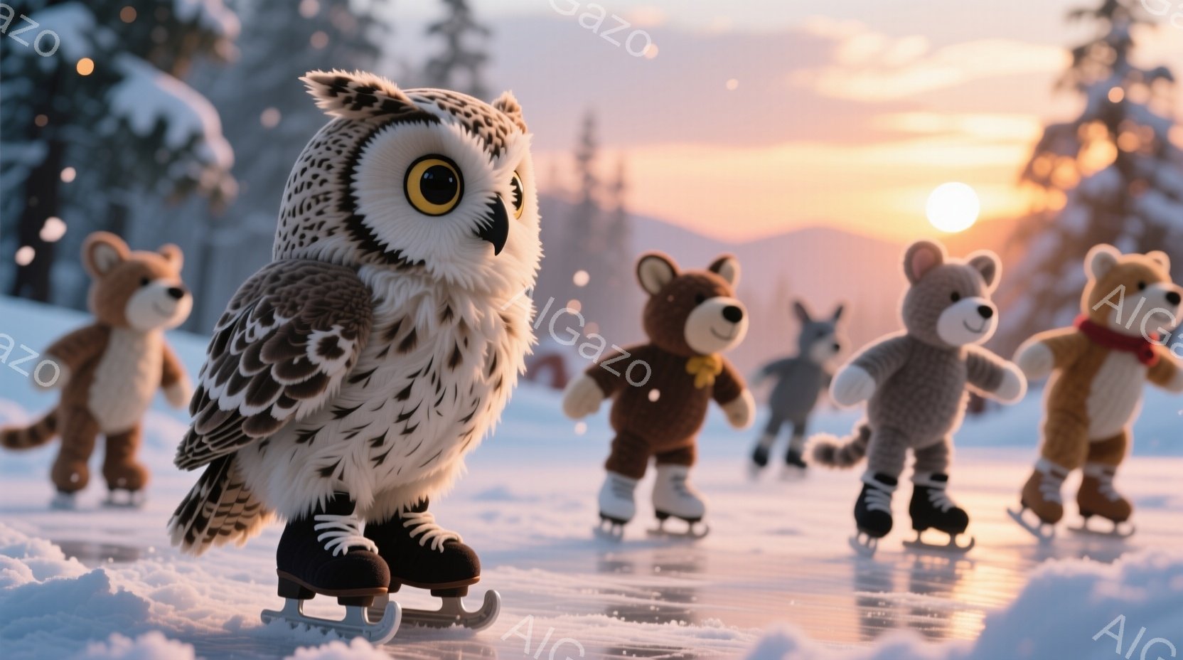 雪上をスケートをする動物たちの様子が描かれています。大きなフクロウが先頭に立って滑り、その後ろには複数のテディベアたちが続いています。背景には雪に覆われた森林と夕焼けの空が広がり、暖かく幻想的な雰囲気を醸し出しています。