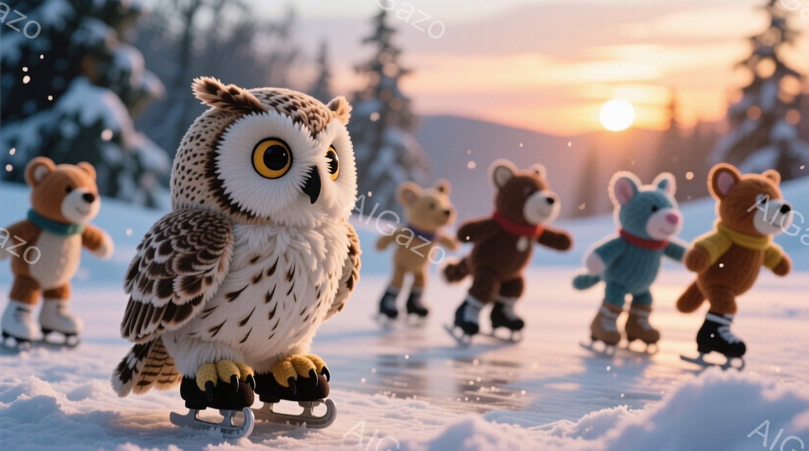 雪景色の中、フクロウとテディベアたちがアイススケートを楽しんでいます。フクロウは鋭い眼差しで先頭を走り、テディベアたちはそれぞれ異なる色のセーターを着て、楽しそうに滑っています。背景には雪に覆われた木 - AI生成フリー素材