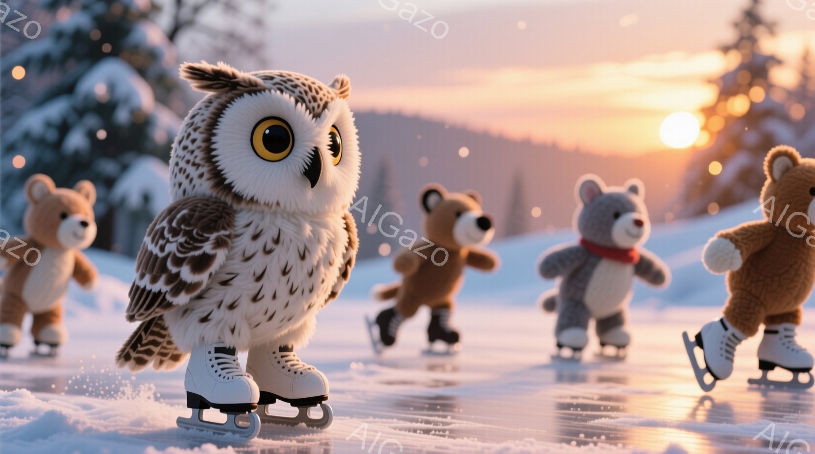 雪の上をかわいらしい動物たちがアイススケートを楽しんでいる様子が描かれています。大きなフクロウは白いスケート靴を履き、前方を向いて滑走しており、周囲にはテディベアたちがそれぞれ赤いマフラーを巻き、楽しそうに滑っています。背景には雪に覆われた丘と木々、そして夕焼けのようなオレンジ色の空が広がり、温かく幻想的な雰囲気を醸し出しています。
