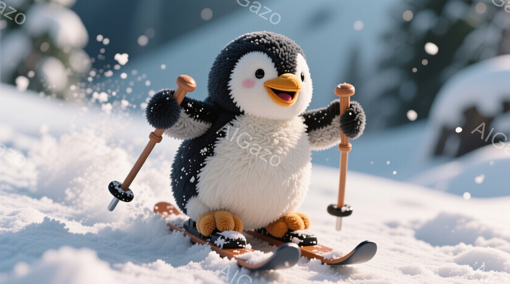 ふわふわの白いペンギンがスキーをして雪の上を滑っている様子が描かれています。ペンギンはオレンジ色の小さな鼻とほほを持っており、とても楽しそうに笑っています。背景には雪景色が広がり、冬の楽しい雰囲気が伝わってきます。