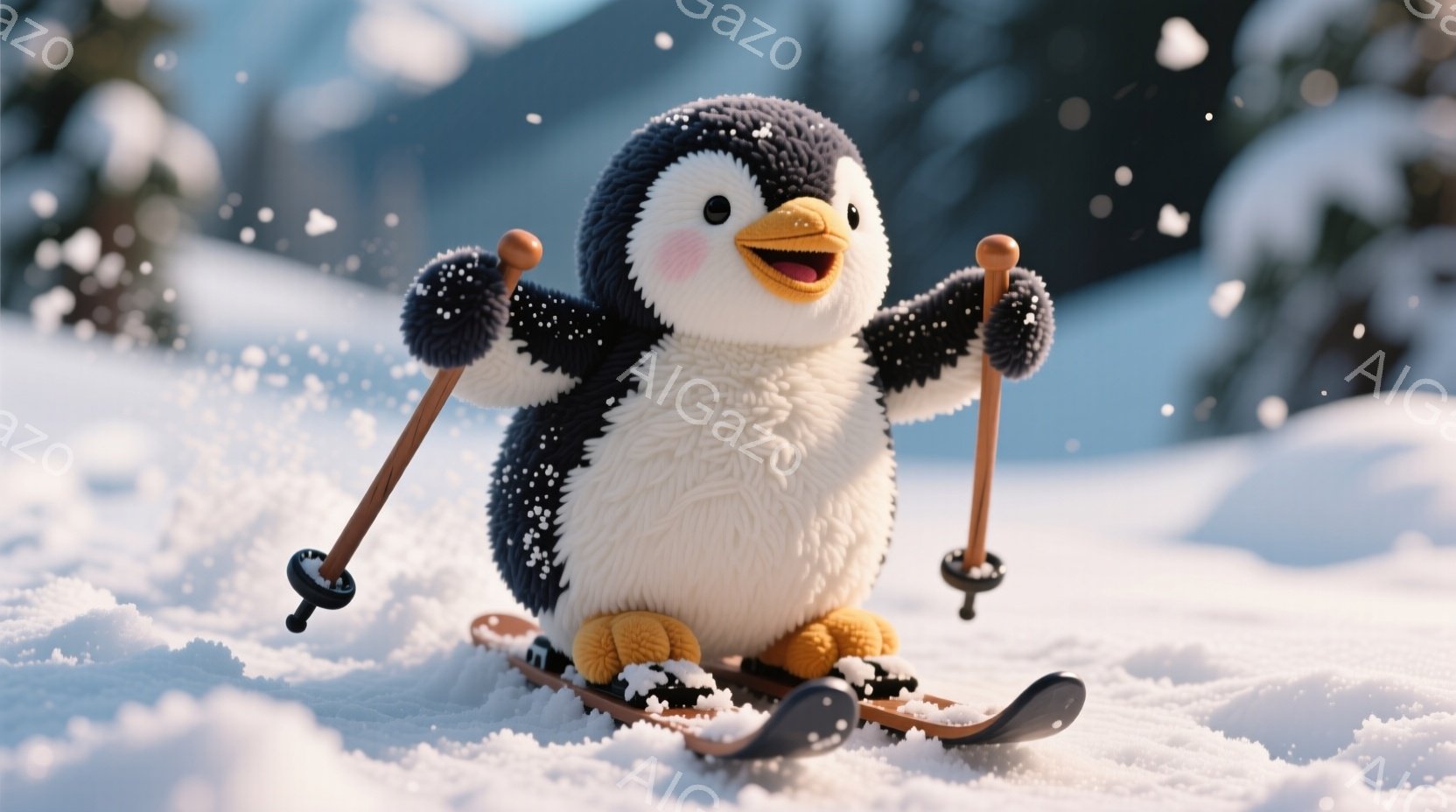 ふわふわとしたペンギンのキャラクターがスキーを楽しんでいる様子が描かれています。黄色いくちばしと頬の赤みが可愛らしく、楽しそうな表情をしています。背景には雪景色が広がり、雪が舞う冬の雰囲気が伝わってきます。