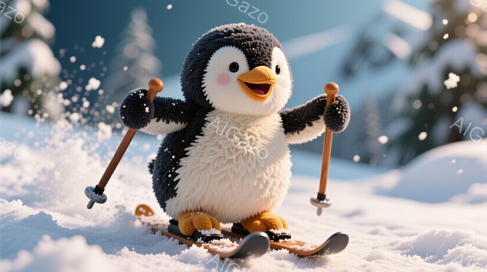 ふわふわとした白い体と黒い背中のペンギンが、スキー板に乗り、スキーポールを持って滑っている様子が描かれています。頬は赤く染まり、嬉しそうな表情で、雪が舞う白い雪原を活発に楽しんでいる様子が伝わってきます。背景には雪をまとった木々が見え、冬のスキー場のような明るく楽しい雰囲気を醸し出しています。