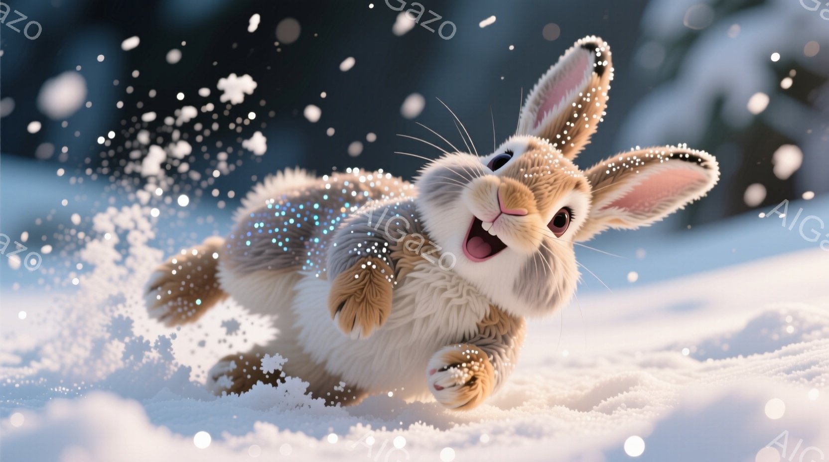ふわふわの茶色のうさぎが雪の中を駆け抜けている。うさぎは口を開けて楽しそうに笑っており、その表情は非常に生き生きとしている。背景は雪景色で、うさぎの周りにはキラキラと輝く雪の粒子が舞い、幻想的な雰囲気を醸し出している。