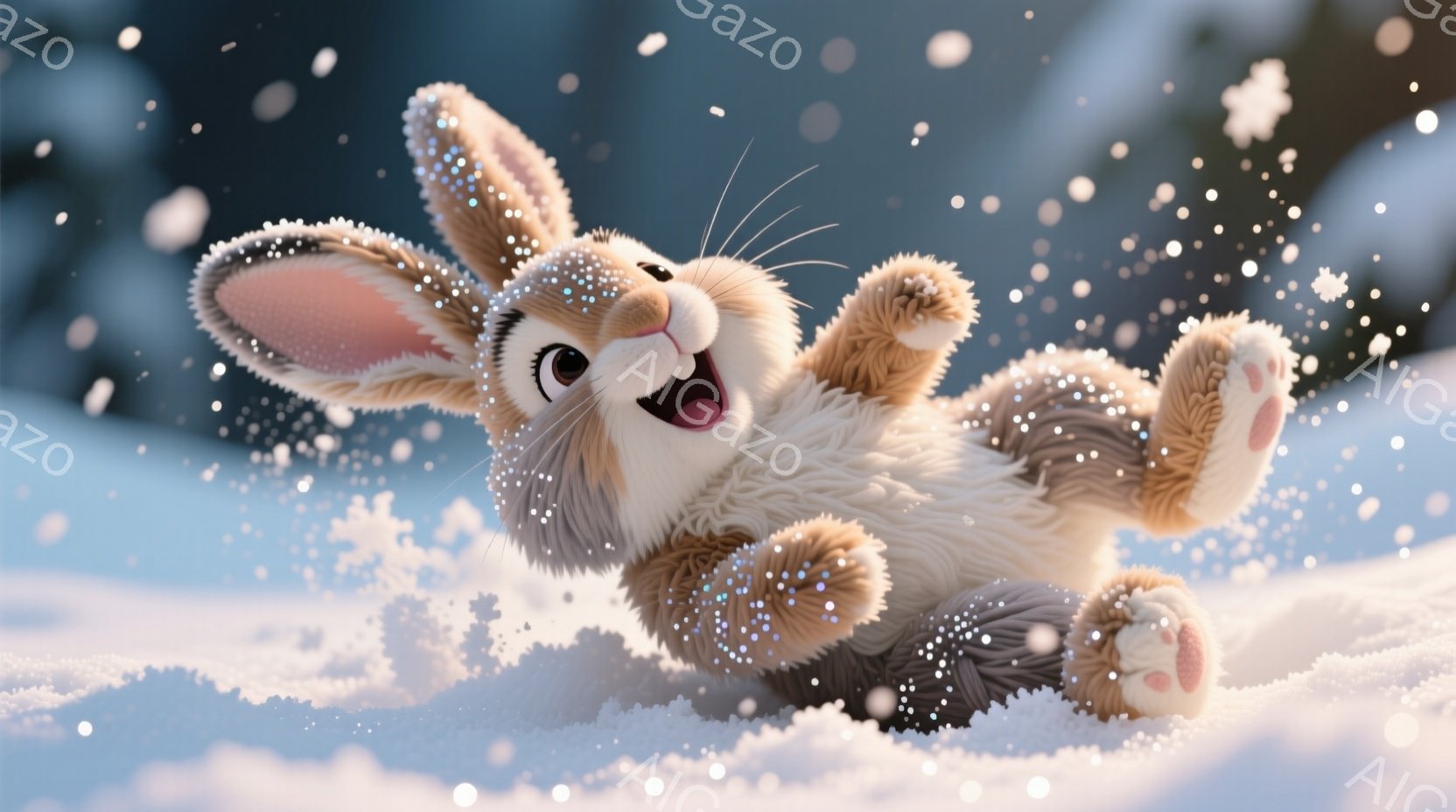 ふわふわの茶色と白のウサギが雪の中で嬉しそうに転がっています。ウサギは口を開けて笑顔を見せ、その表情は無邪気で楽しげです。背景は雪景色で、雪片が舞い散り、全体的に暖かく、遊び心に満ちた雰囲気を醸し出しています。