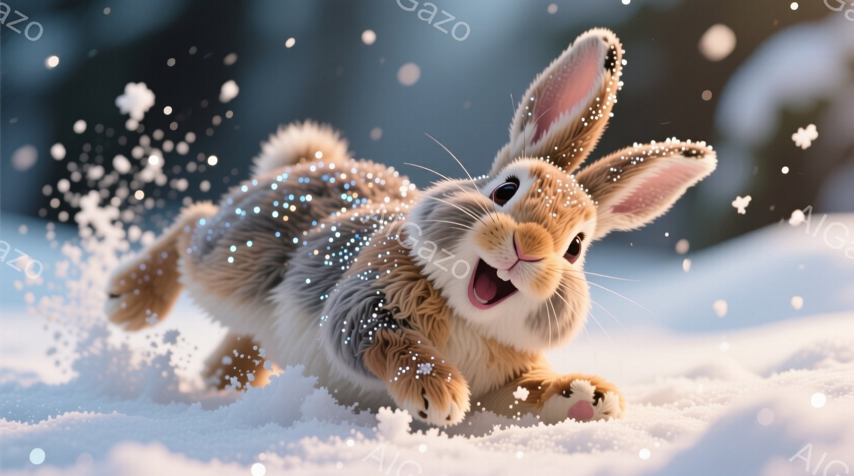 ふわふわの茶色のウサギが雪の中を勢いよく駆け抜けている様子が描かれています。ウサギは口を開けて楽しそうに笑っており、雪が毛並みに付着してキラキラと輝いています。背景はぼやけた雪景色で、冬の暖かく楽しい雰囲気が伝わってきます。