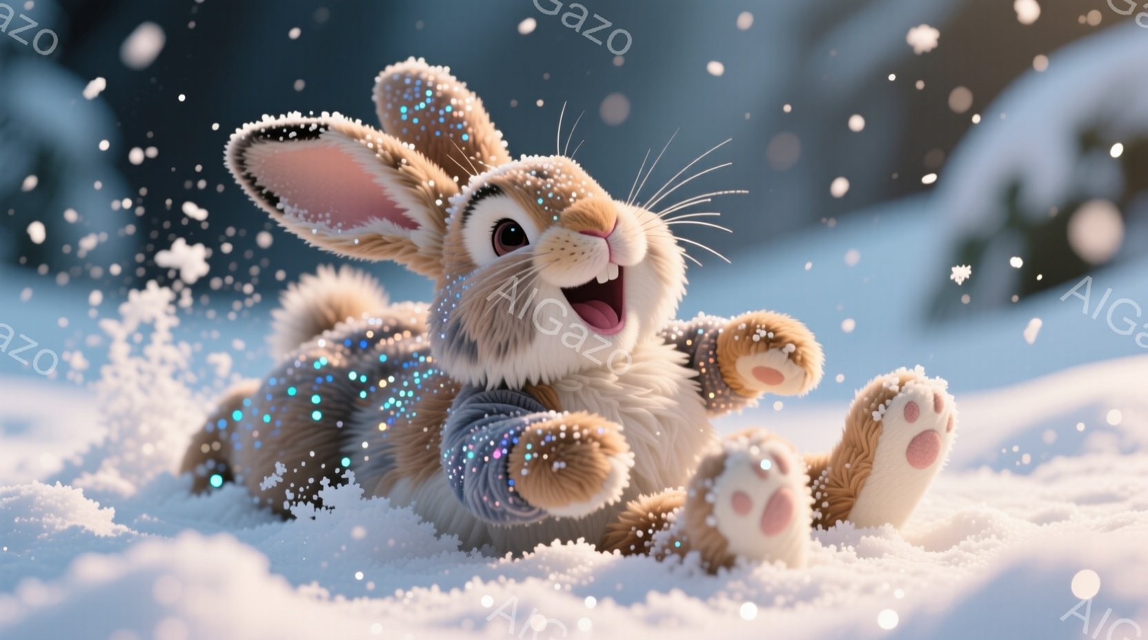 柔らかい毛並みのうさぎが雪の中でお尻を浮かべて仰向けに寝そべっており、嬉しそうな表情で口を開けています。紫色の輝きのあるセーターを着ており、前足は大きく広げられています。背景は雪景色で、雪片が舞い散っており、全体的に暖かく、遊び心のある雰囲気です。