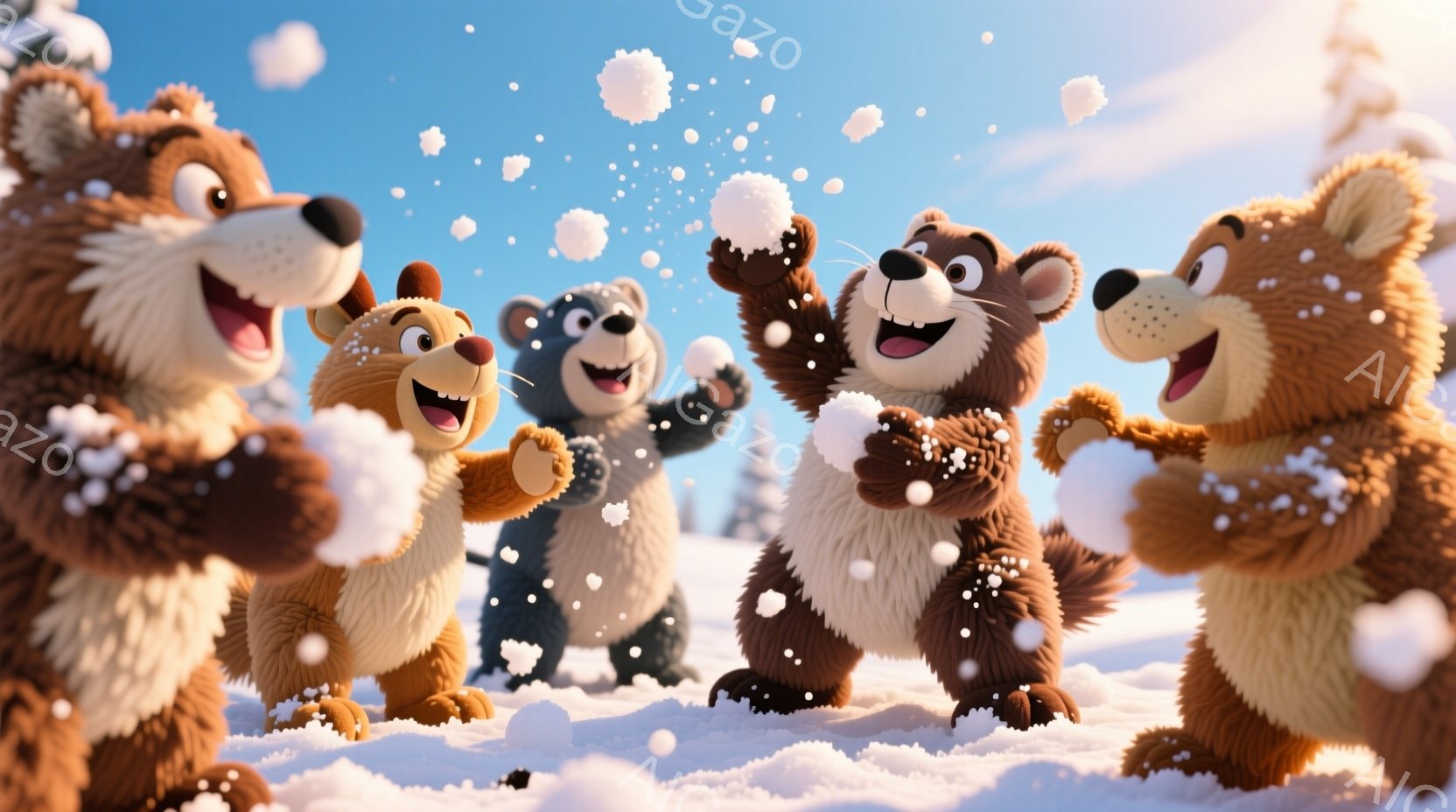 暖かく茶色と青色の毛並みのクマたちが雪の中で雪合戦を楽しんでいる様子が描かれています。彼らは皆、嬉しそうな表情で雪玉を投げたり、受け止めたりしており、躍動感に満ち溢れています。背景には雪に覆われた景色 - AI生成フリー素材