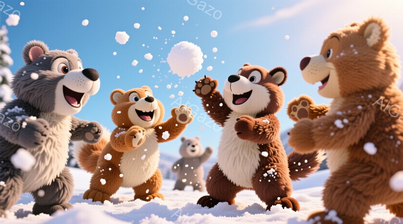 雪景色の中で、茶色とグレーの可愛らしいクマたちが雪合戦を楽しんでいます。彼らは白い腹部を持つふわふわの毛並みで、楽しそうな表情で雪玉を投げたり、受け止めたりしています。背景には雪に覆われた山々が広がり、全体的に暖かく、遊び心のある雰囲気です。