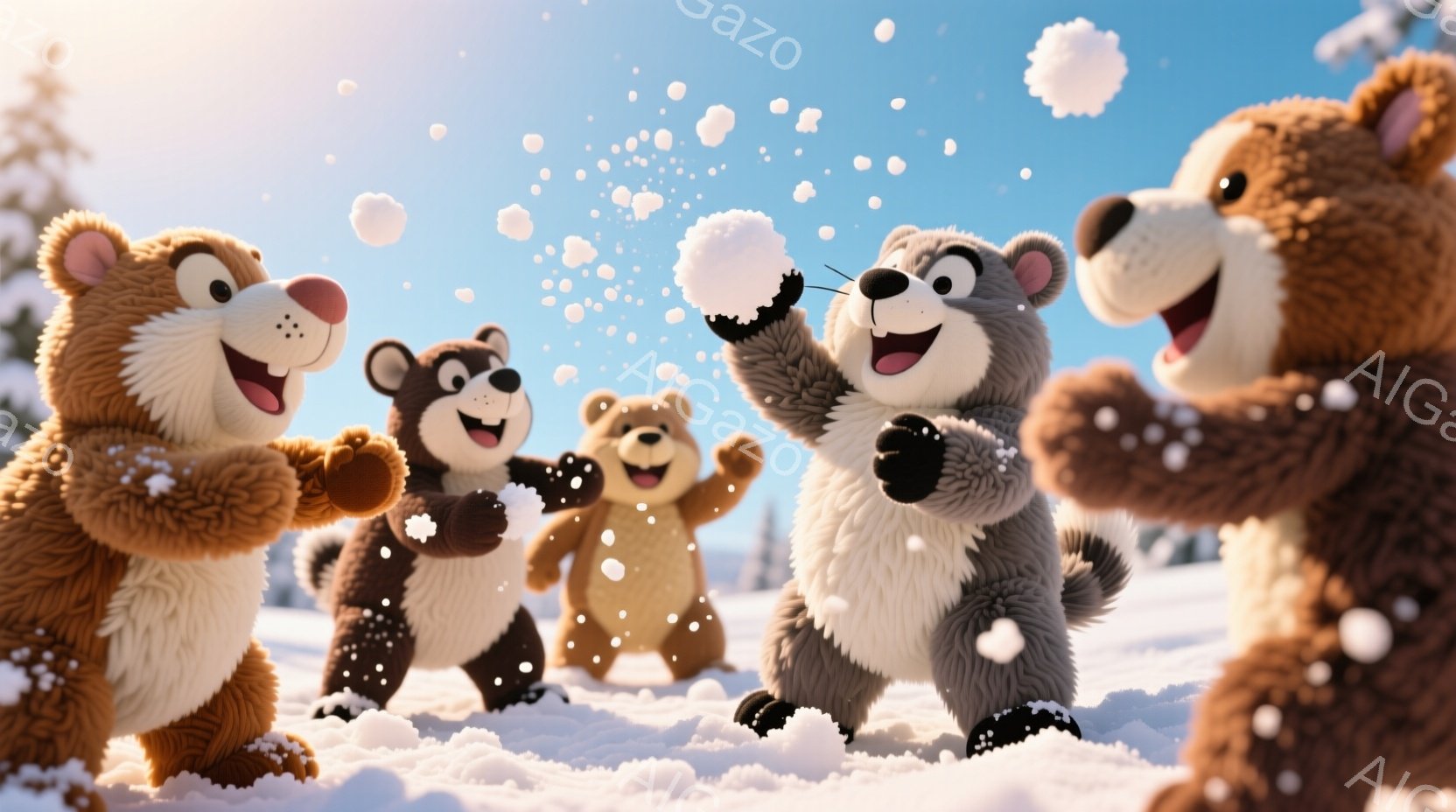 雪景色の中で、可愛らしいクマのキャラクターたちが雪合戦を楽しんでいる様子が描かれています。彼らは茶色やグレーの毛並みで、笑顔を浮かべながら雪玉を投げたり、受け止めたりしています。背景には雪に覆われた丘と青空が広がり、暖かく楽しい雰囲気を醸し出しています。