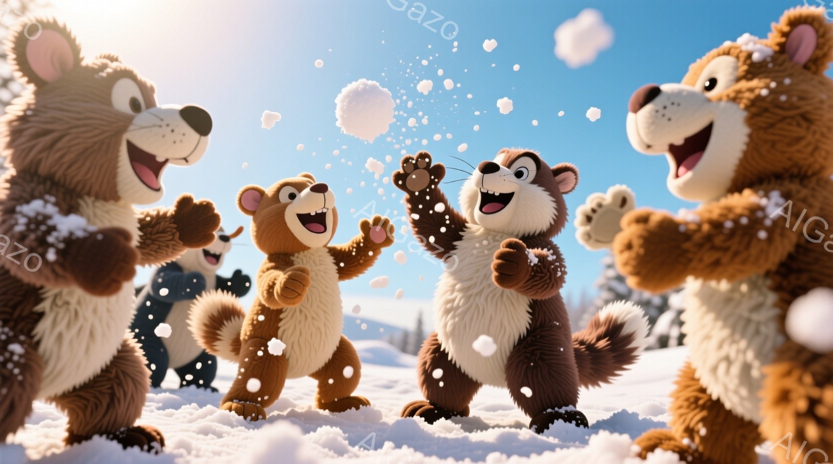 暖炉から飛び出したようなモフモフの茶色いリスたちが雪の中で楽しそうに雪合戦をしています。彼らは皆、満面の笑顔で雪球を投げたり、受け止めたりしており、ポーズも活発で躍動感があります。背景には雪景色が広が - AI生成フリー素材