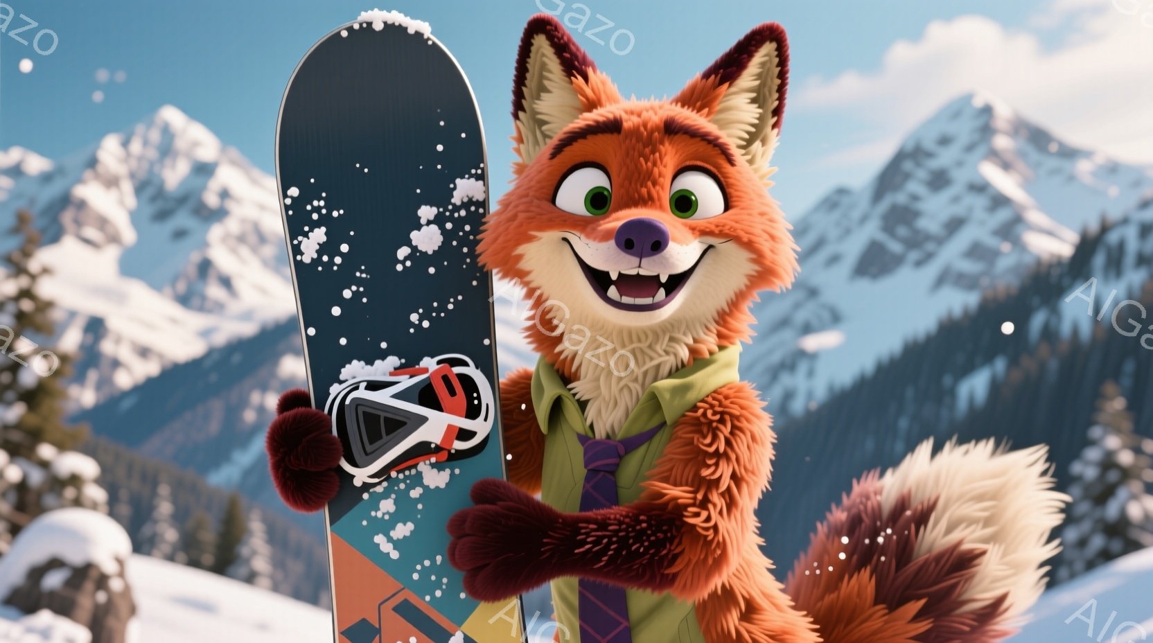 明るいオレンジ色の毛並みを持つキツネが、スノーボードを抱え、満面の笑みを浮かべています。緑色のチェック柄のベストとネクタイを着用し、スキーリゾートの雪山を背景に、楽しそうな雰囲気を醸し出しています。雪が舞い、背景には険しい山々が連なり、冬の活気を感じさせます。