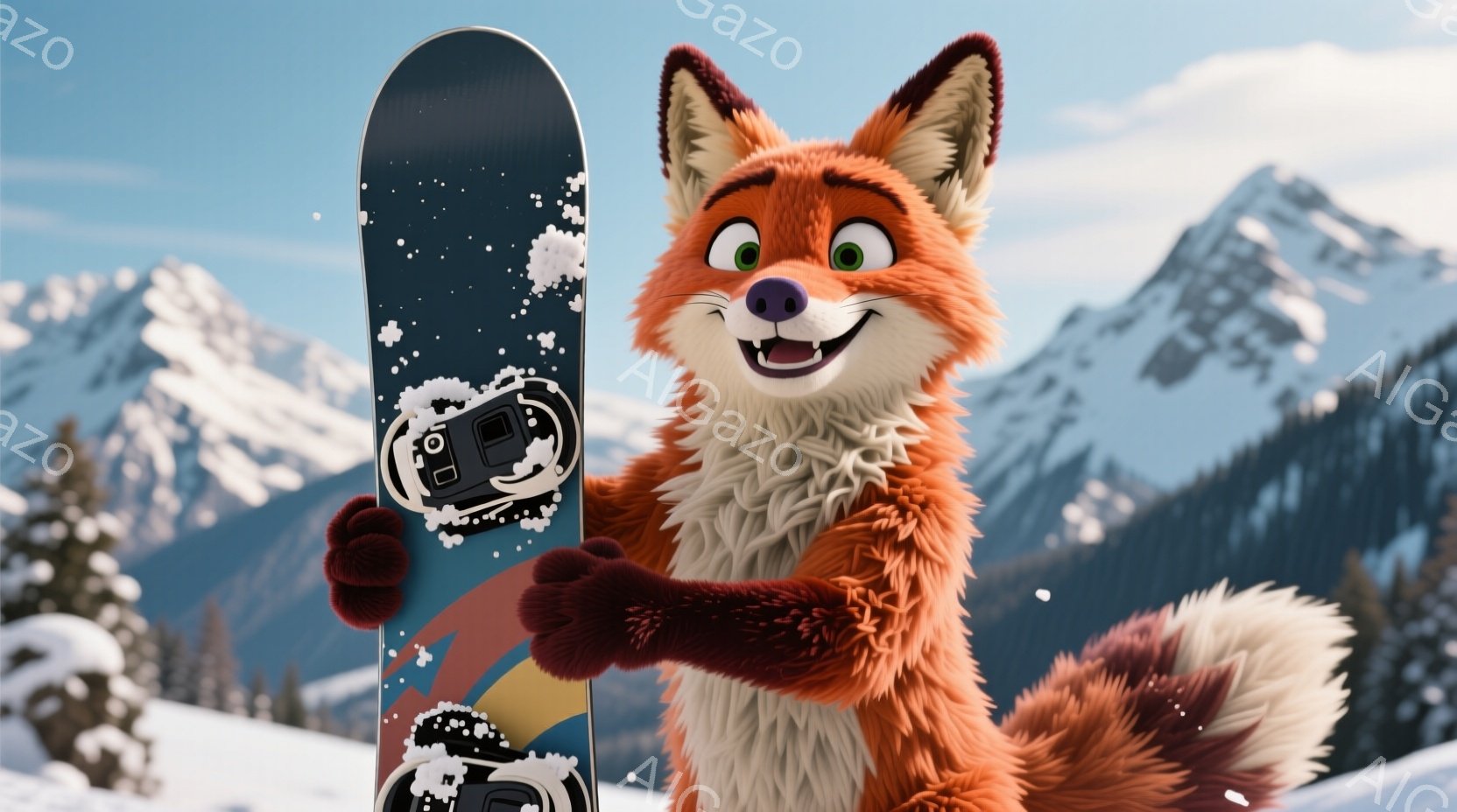 明るいオレンジ色の毛並みを持つキツネが、雪景色を背景にスノーボードを抱えています。キツネは満面の笑みを浮かべ、雪で覆われたスノーボードにはアクションカメラが取り付けられています。背景には雪を頂いた山々が連なり、晴天の下、冬の活気を感じさせる楽しげな雰囲気です。