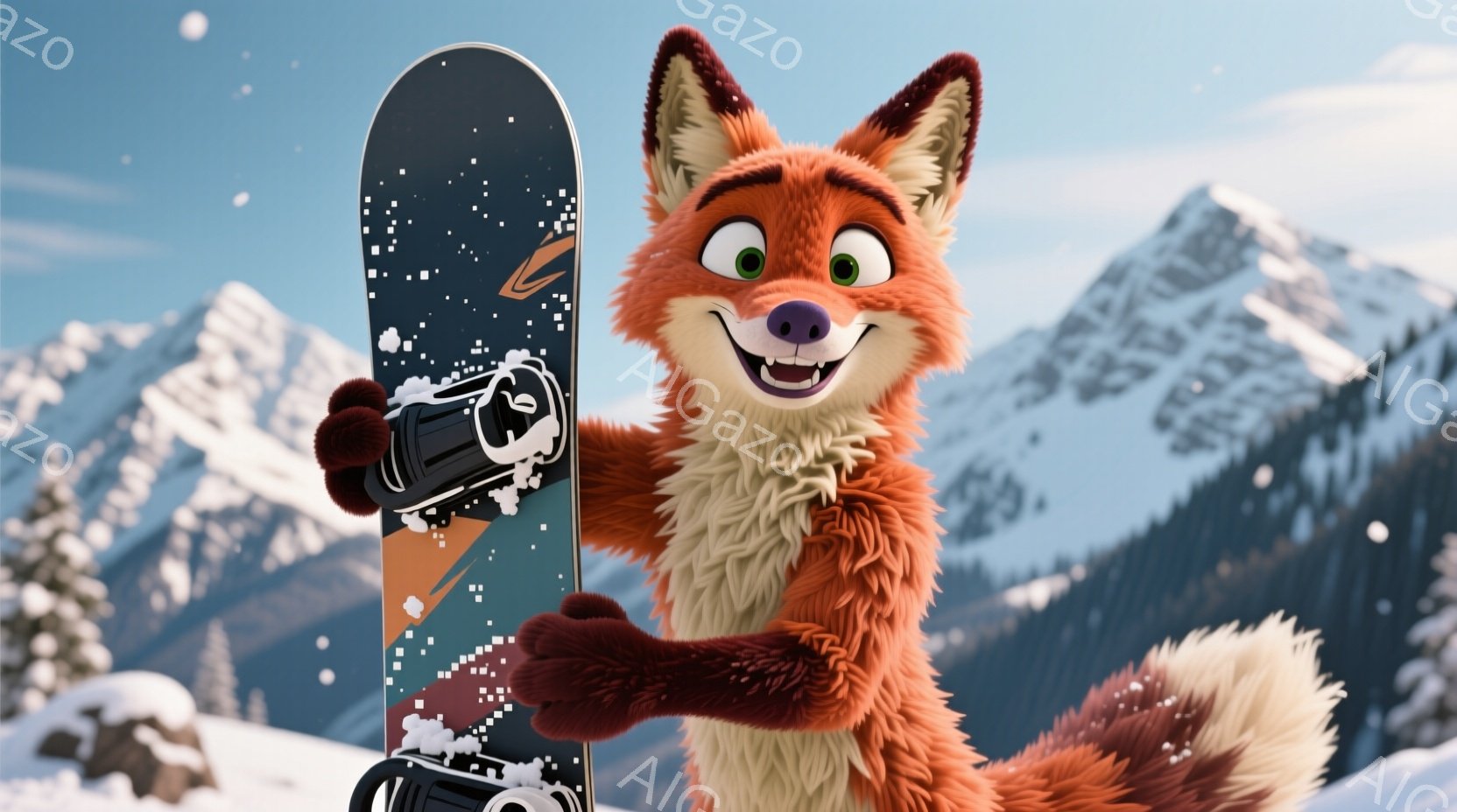 明るいオレンジ色の毛並みを持つアニメーションスタイルのキツネが、雪山を背景にスノーボードを両手で抱えています。キツネは満面の笑みを浮かべ、雪が少し付着したスノーボードを嬉しそうに見せています。背景には、雪を冠した山々が連なり、晴天の下、冬の爽やかな雰囲気が漂っています。