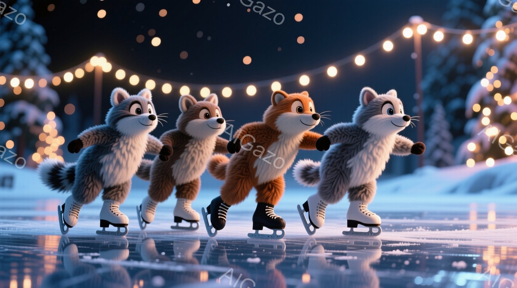 氷上をスケーティングする4匹の漫画風の狐が写っています。それぞれの狐は白いスケーティングシューズを履き、楽しそうな表情で、前方に進んでいます。背景は雪景色で、上空には電飾が輝き、冬の暖かく楽しい雰囲気を演出しています。