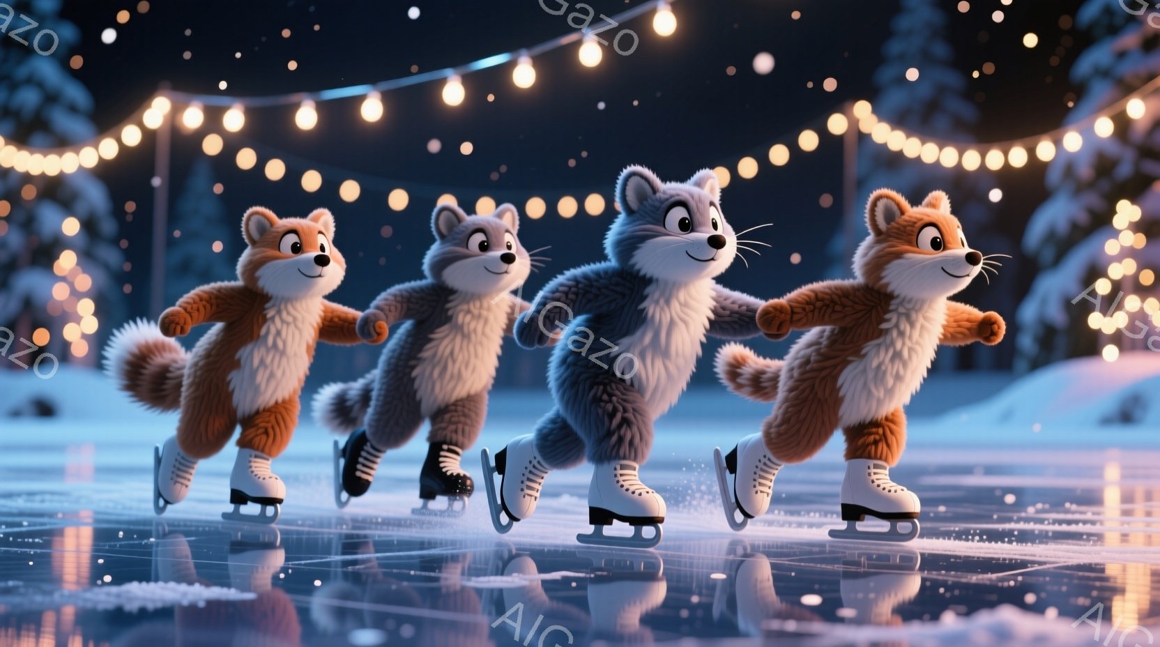 アイススケートをする四匹の愛らしいキツネが描かれています。彼らはそれぞれ明るい色のブルゾンを着ており、楽しげな表情で氷上を滑っています。背景には雪景色が広がり、頭上には温かい光を放つ電飾が並び、冬の楽しい雰囲気を醸し出しています。