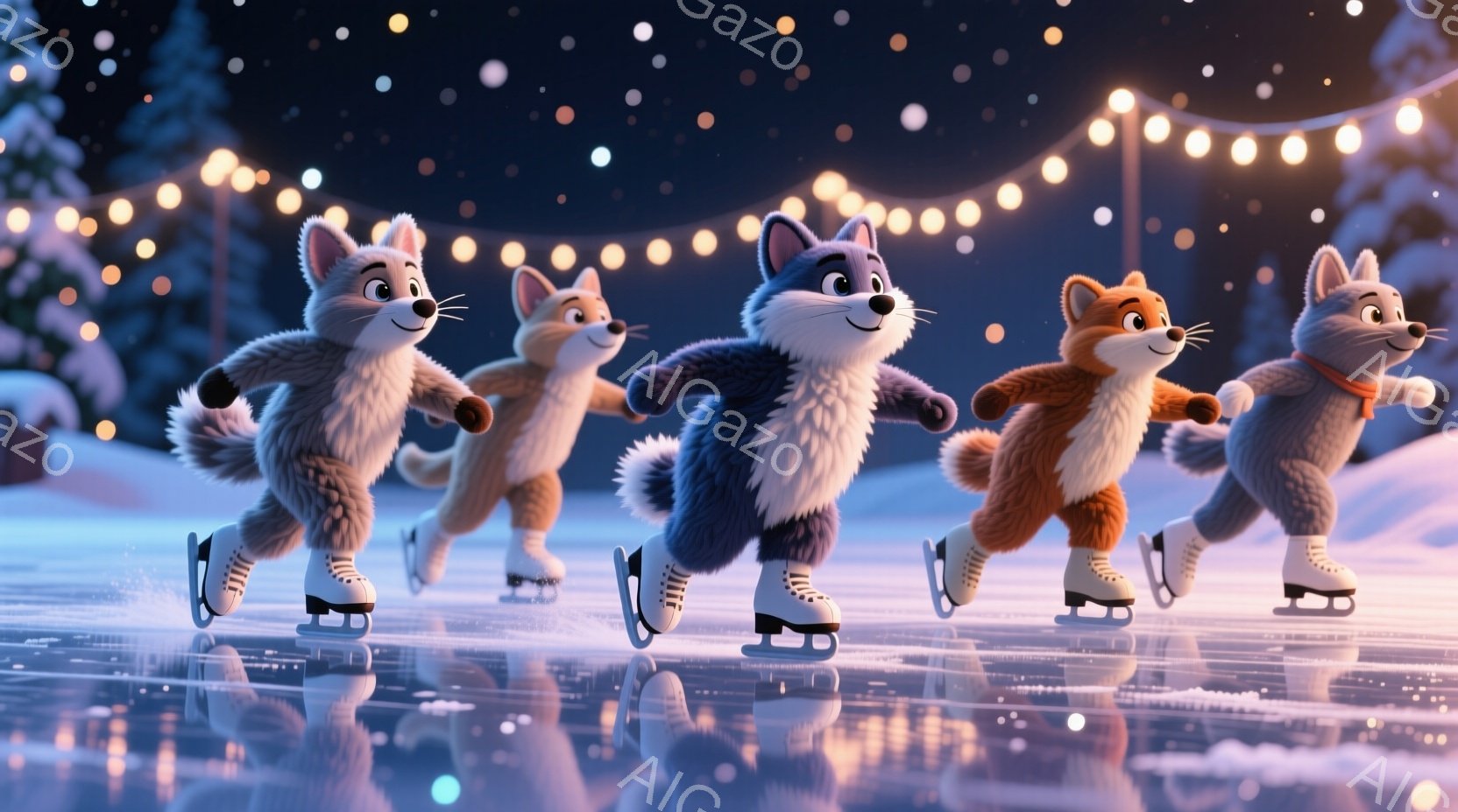 スケートリンクで楽しそうに滑っている５匹の擬人化されたキツネが描かれています。それぞれのキツネは異なる毛色で、赤いスカーフと白いスケート靴を身に着けており、笑顔で活発に滑る姿が描かれています。背景には雪景色と、暖かい光を放つ電飾が飾られた木々が見え、冬の夜の楽しい雰囲気を醸し出しています。